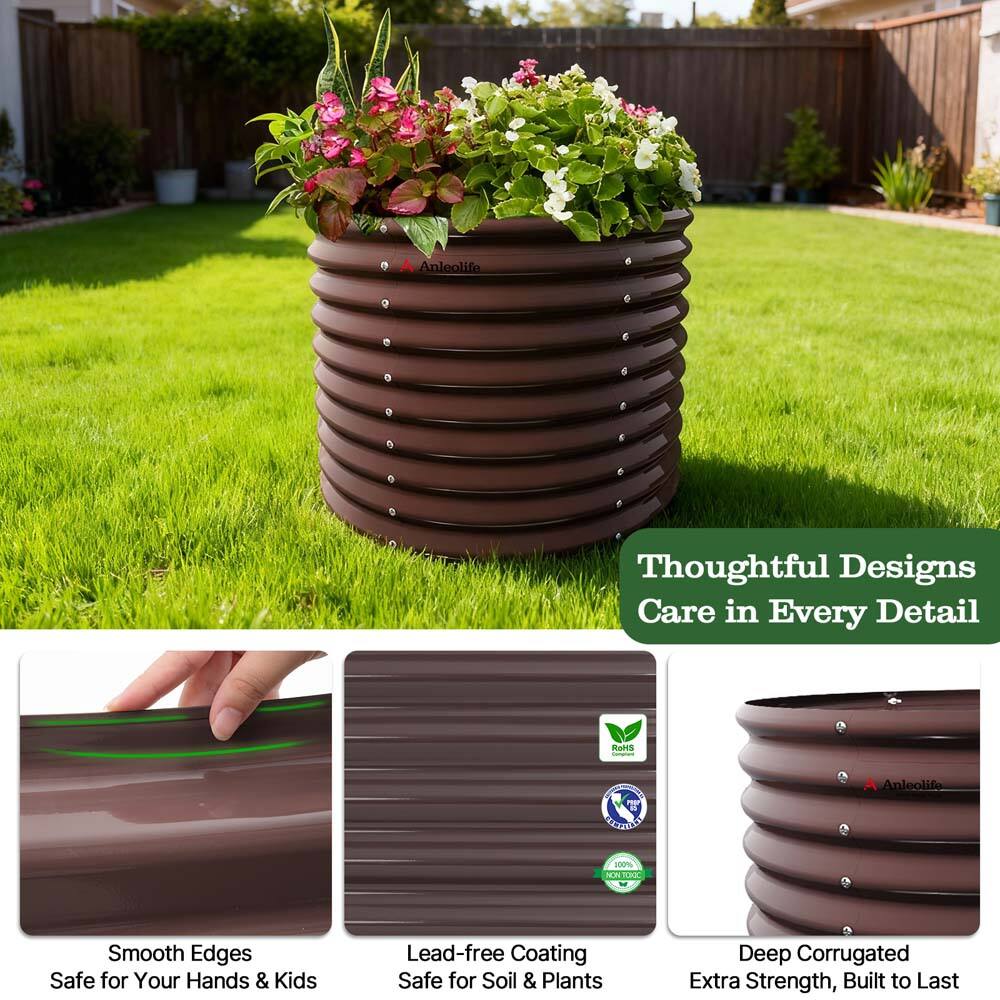Anleolife  
Thoughtful Designs  
Care in Every Detail  

100% Smooth Edges  
Safe for Your Hands & Kids  

Lead-free Coating  
Safe for Soil & Plants  

Deep Corrugated  
Extra Strength, Built to Last