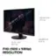 The image features a monitor with a screen size of 1920 x 1080p, which is considered FHD resolution. The monitor is described as having a 27-inch screen, and it is placed on a black stand. The image also includes a measurement chart, showing the dimensions of the monitor in both centimeters and inches.