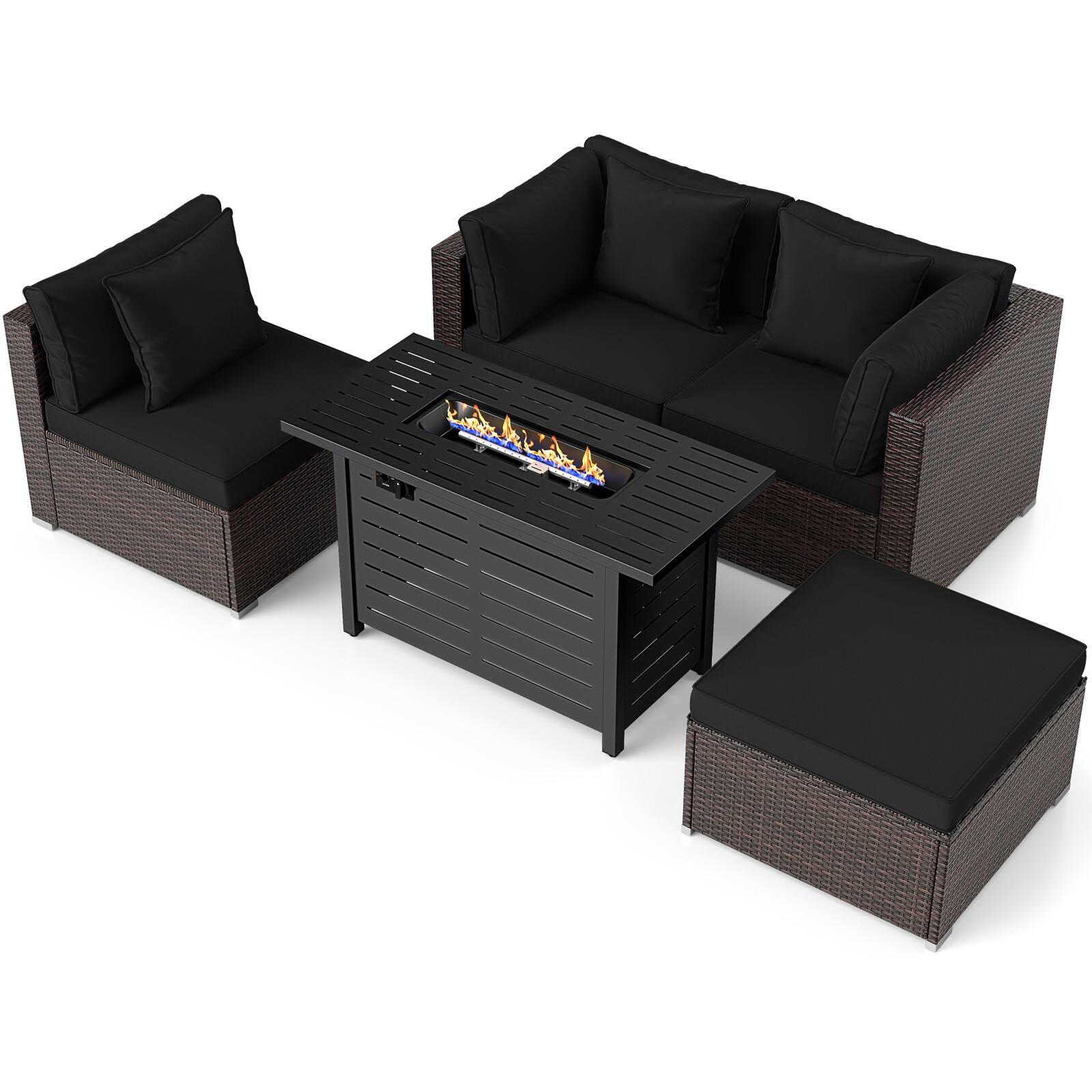Alt View 6. Gymax - Gymax Set of 5 Patio Furniture Set Heavy-duty Frame Rattan Sofa Set w/ 60000 BTU Firepit Table Black - Black.