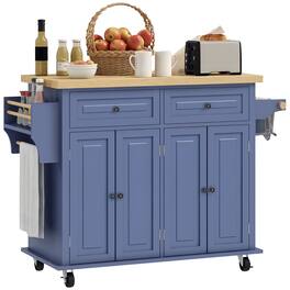 Homcom - Kitchen Island Cart with Rubber Wood Top, Portable Table on Wheels with Adjustable Shelves, Spice Rack and Towel Rack - Navy Blue