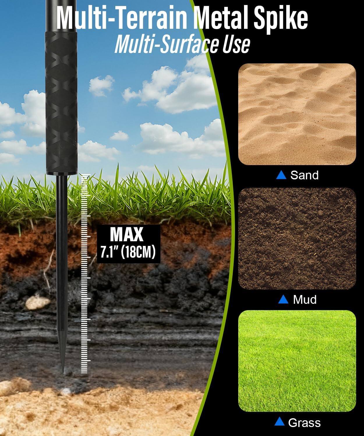 Multi-Terrain Metal Spike  
Multi-Surface Use  

Sand  
Mud  
Grass  

MAX 7.1" (18CM)