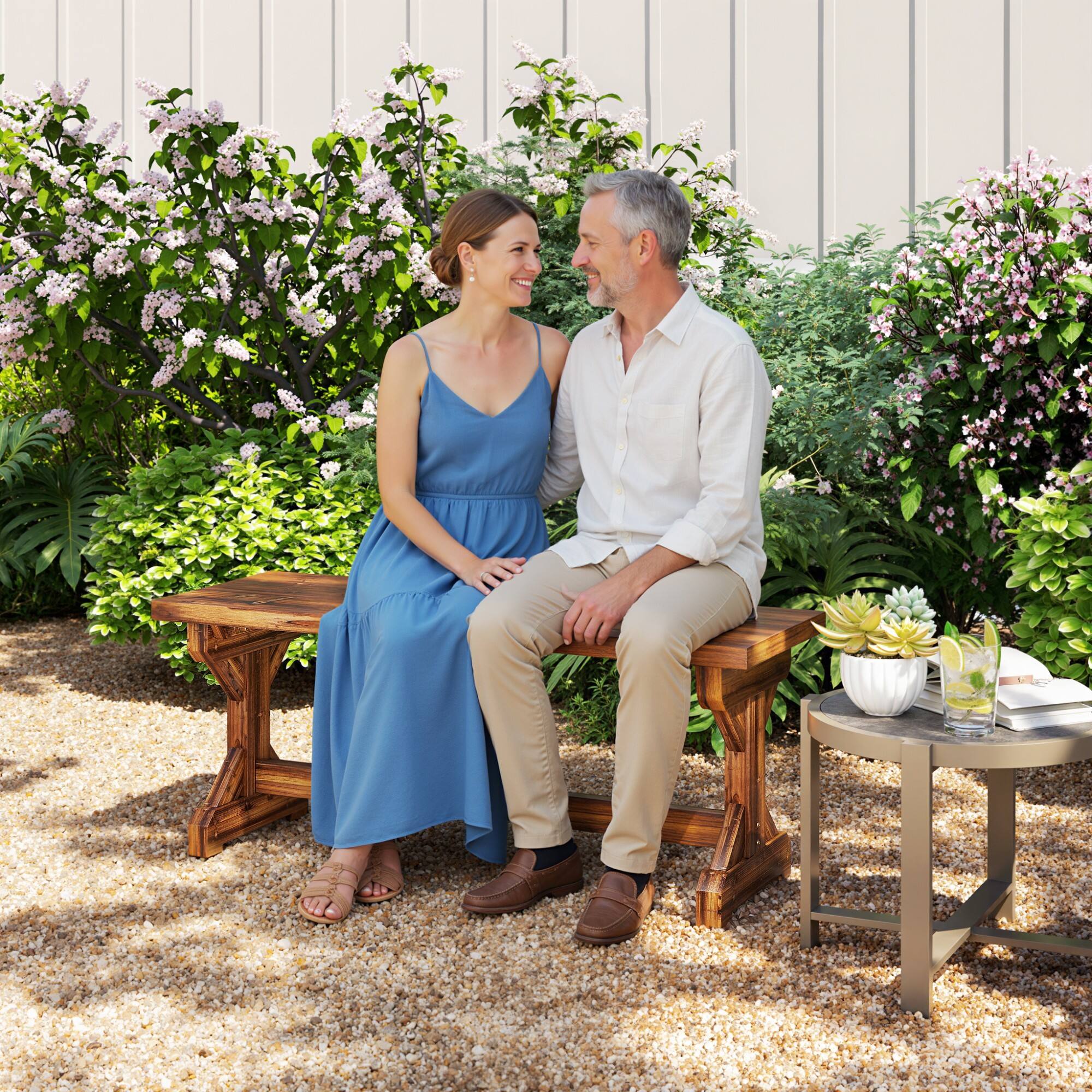 Alt View 1. Outsunny - Outdoor Wooden Bench, 2-Person Rustic Patio Garden Bench Seat, Backless Outdoor Loveseat with Farmhouse X-Shaped Base - Carbonized.