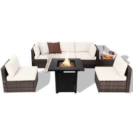 Gymax - Set of 7 Patio Furniture Set w/ 28'' 50000 BTU Propane Gas Fire Pit Table Cushions White - Mix Brown, Off White