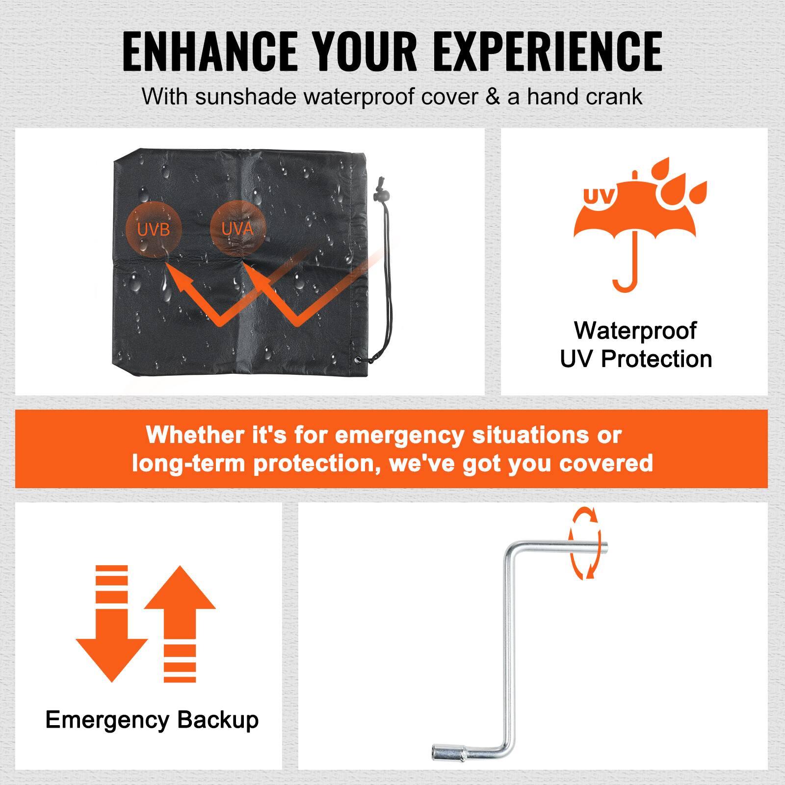 ENHANCE YOUR EXPERIENCE  
With sunshade waterproof cover & a hand crank

UVB  
UVA

Waterproof UV Protection

Whether it's for emergency situations or long-term protection, we've got you covered

Emergency Backup