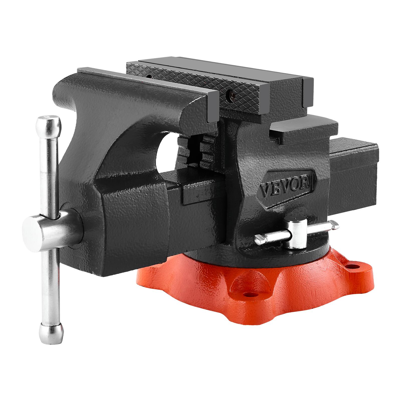 Alt View 5. VEVOR - Bench Vise, 5.5" Jaw Width, 5.5" Max Jaw Opening Multipurpose Vise with 360° Swivel Locking Base, 2.8" Throat Depth - Gray with orange base.