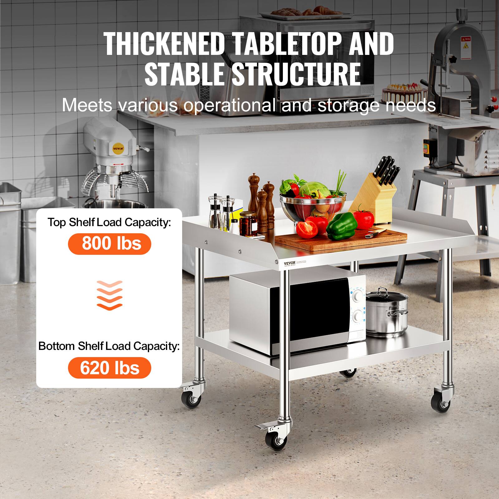 THICKENED TABLETOP AND STABLE STRUCTURE Meets various operational and storage needs - Top Shelf Load Capacity: 800 lbs - Bottom Shelf Load Capacity: 620 lbs