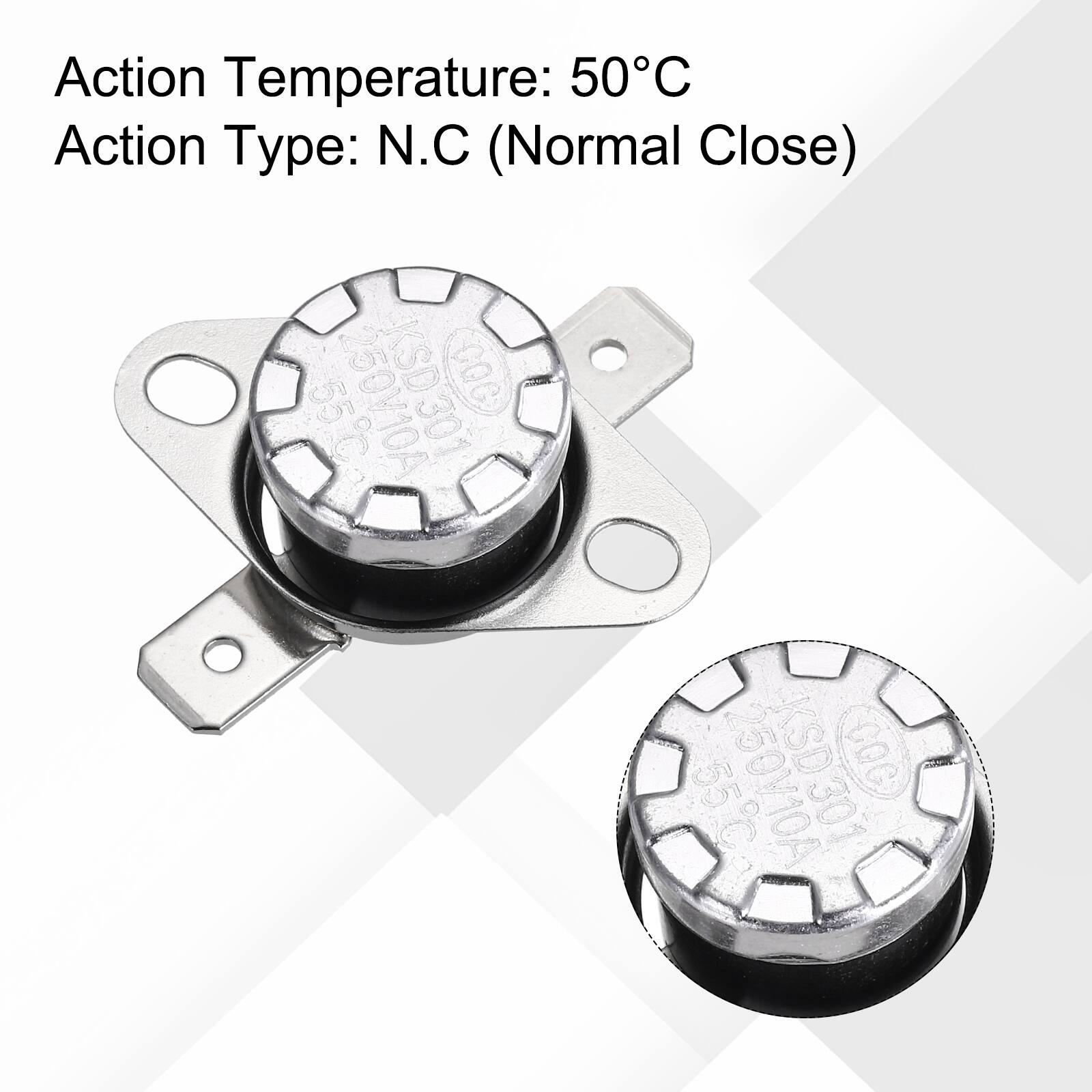 Action Temperature: 50°C  
Action Type: N.C (Normal Close)  
250V10A (SD301 CQG 55C 55 250V10A KSD3 CQG 55C 301