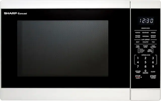 SHARP Carousel
SENSOR COOK
POTATO
BEVERAGE
VEGGIE
FROZEN
ENTREE
POPCORN
SENSOR REHEAT
AUTO DEFROST
MEAT
POULTRY
FISH
TIME COOK
POWER LEVEL
TIME DEFROST
CHOCOLATE
ICE CREAM
CHEESE
MELT
SOFTEN
EXPRESS COOK
1
2
3
4
5
6
7
8
9
KITCHEN TIMER
CLOCK
UNLOCK
STOP CLEAR
START
+30 SEC