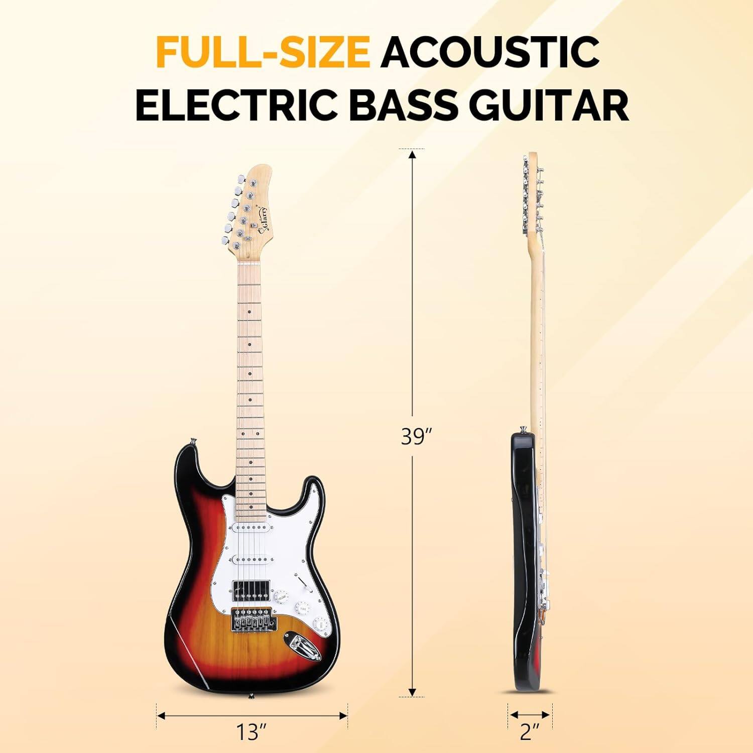 FULL-SIZE ACOUSTIC ELECTRIC BASS GUITAR  
39"  
13"  
2"