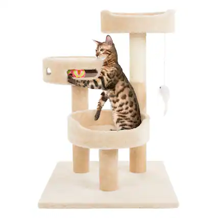 Front. PetMaker - Cat Tree 3-Tier Tall Cat Tower Condo with 2 Napping Perches, Sisal Rope Scratching Post, Hanging Mouse and Wheel Toy - Beige.
