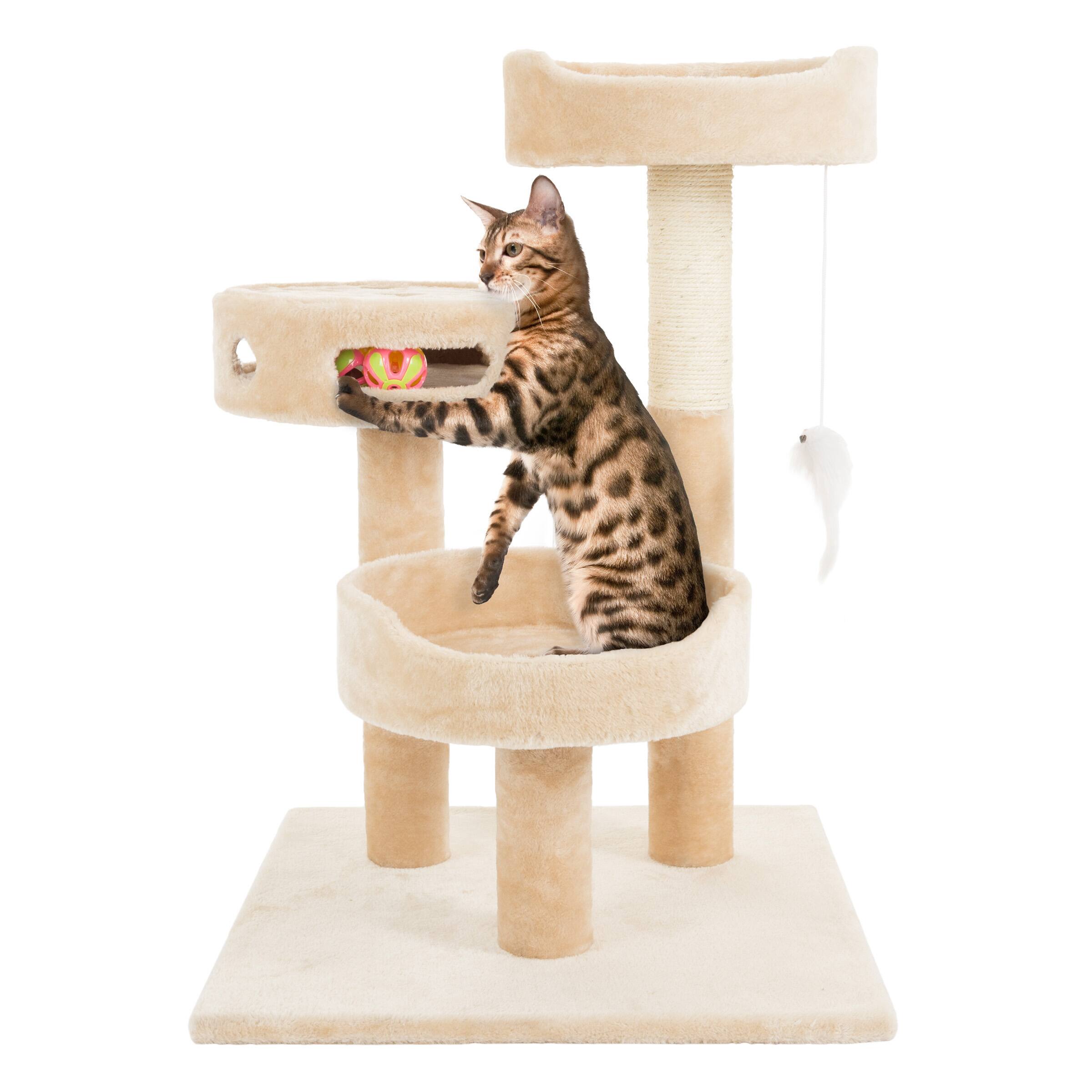Front. PetMaker - Cat Tree 3-Tier Tall Cat Tower Condo with 2 Napping Perches, Sisal Rope Scratching Post, Hanging Mouse and Wheel Toy - Beige.