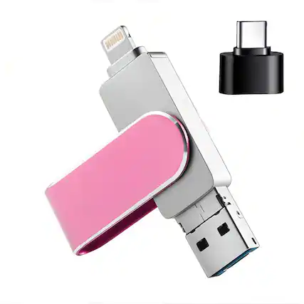 Front. Stock Preferred - 64GB 3-in-1 USB Flash Drive – USB 3.0, Lightning & Type-C OTG for iPhone/iPad/Android/PC - Pink.