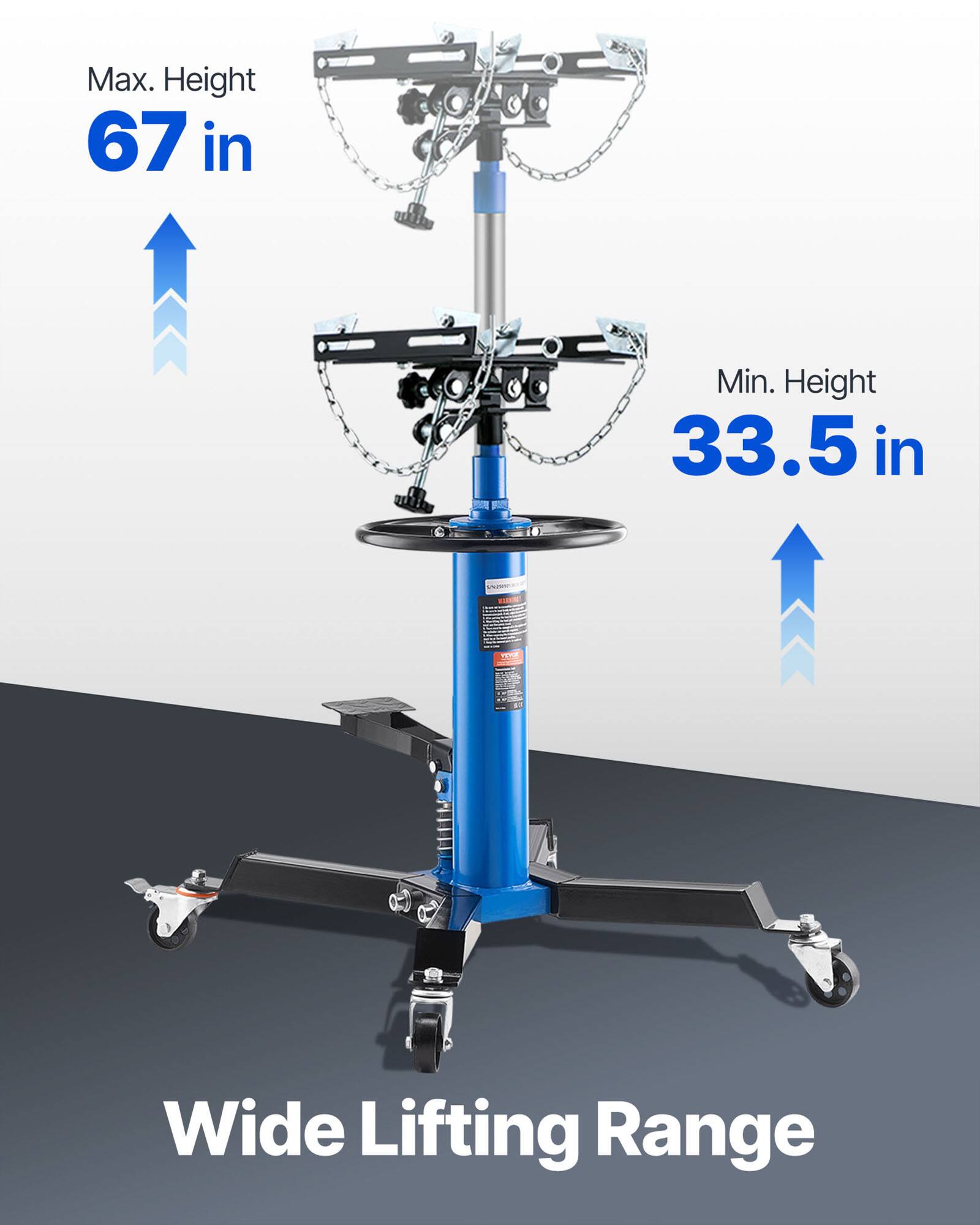 Max. Height 67 in  
Min. Height 33.5 in  
Wide Lifting Range
