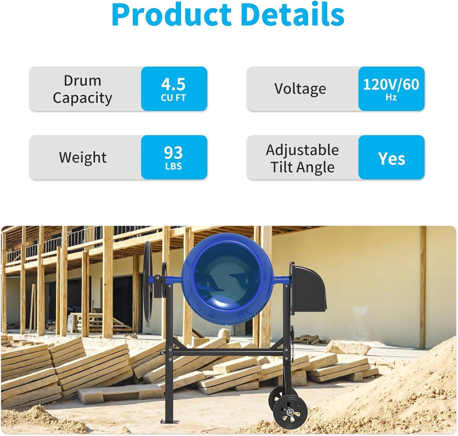 Product Details

- Drum Capacity: 4.5 CU FT
- Voltage: 120V/60 Hz
- Weight: 93 LBS
- Adjustable Tilt Angle: Yes