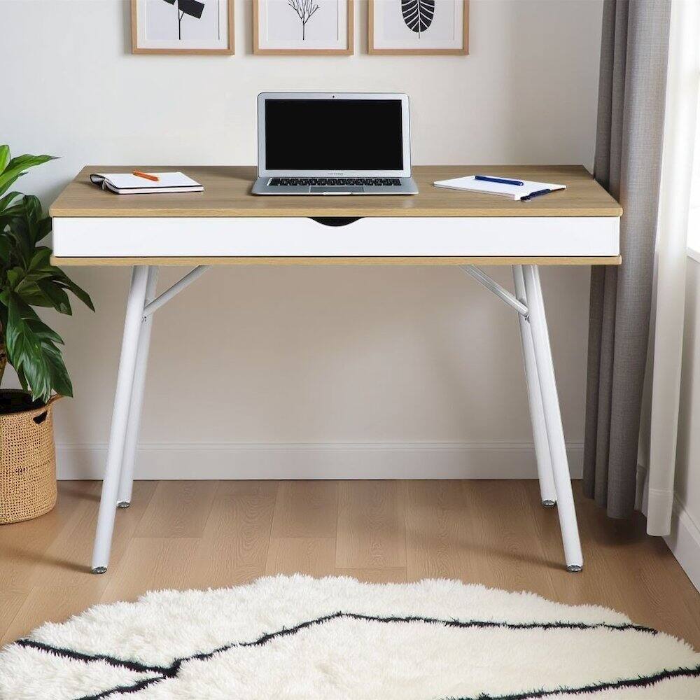 Alt View 6. FurniFact - Light Brown Wood Desk With 1 Drawer, White Frame Compact Writing Desk For Home - Green.
