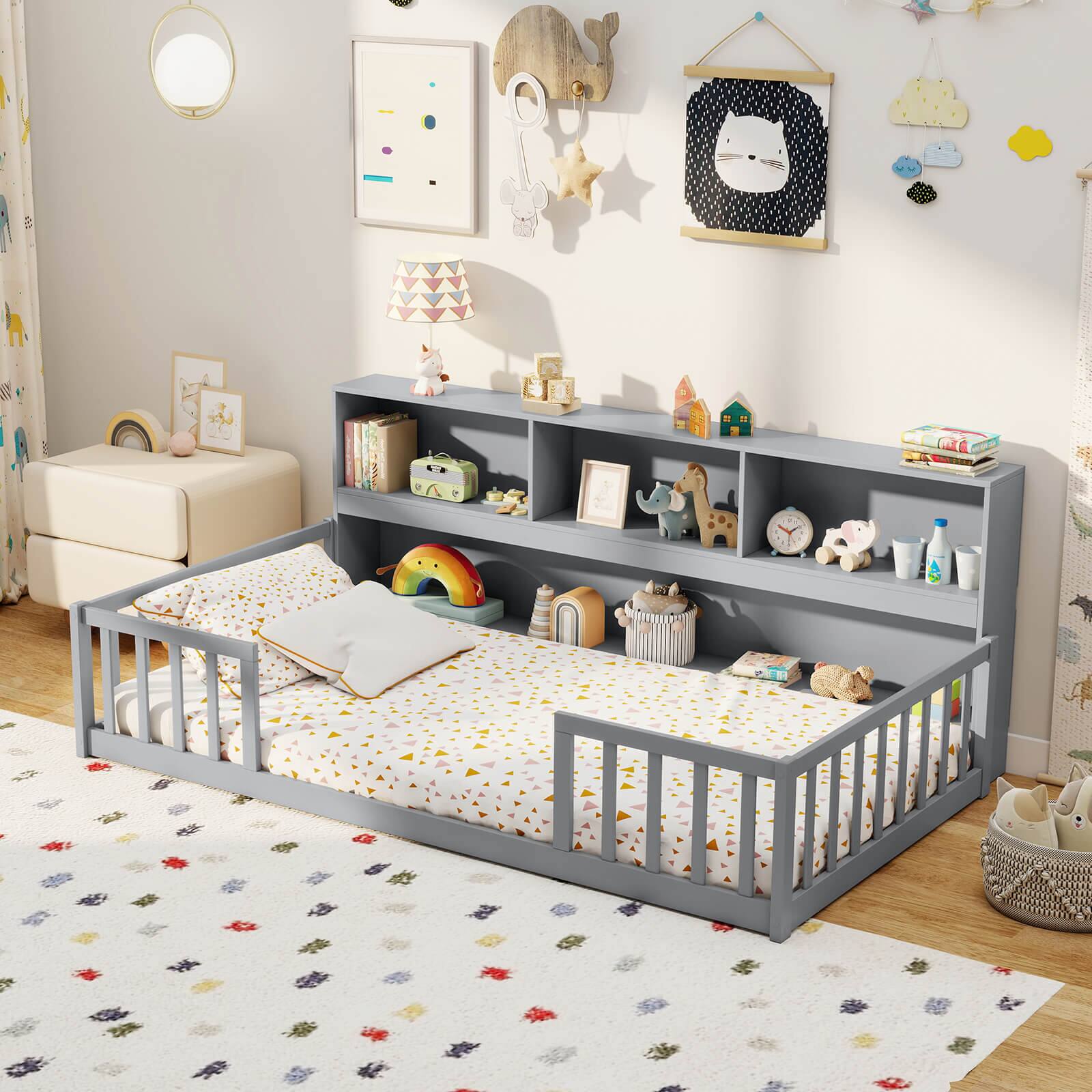 Alt View 1. Costway - Costway Twin Size Montessori Floor Bed with Bookcase Storage Shelves & Safety Fence Rails Gray - Grey.