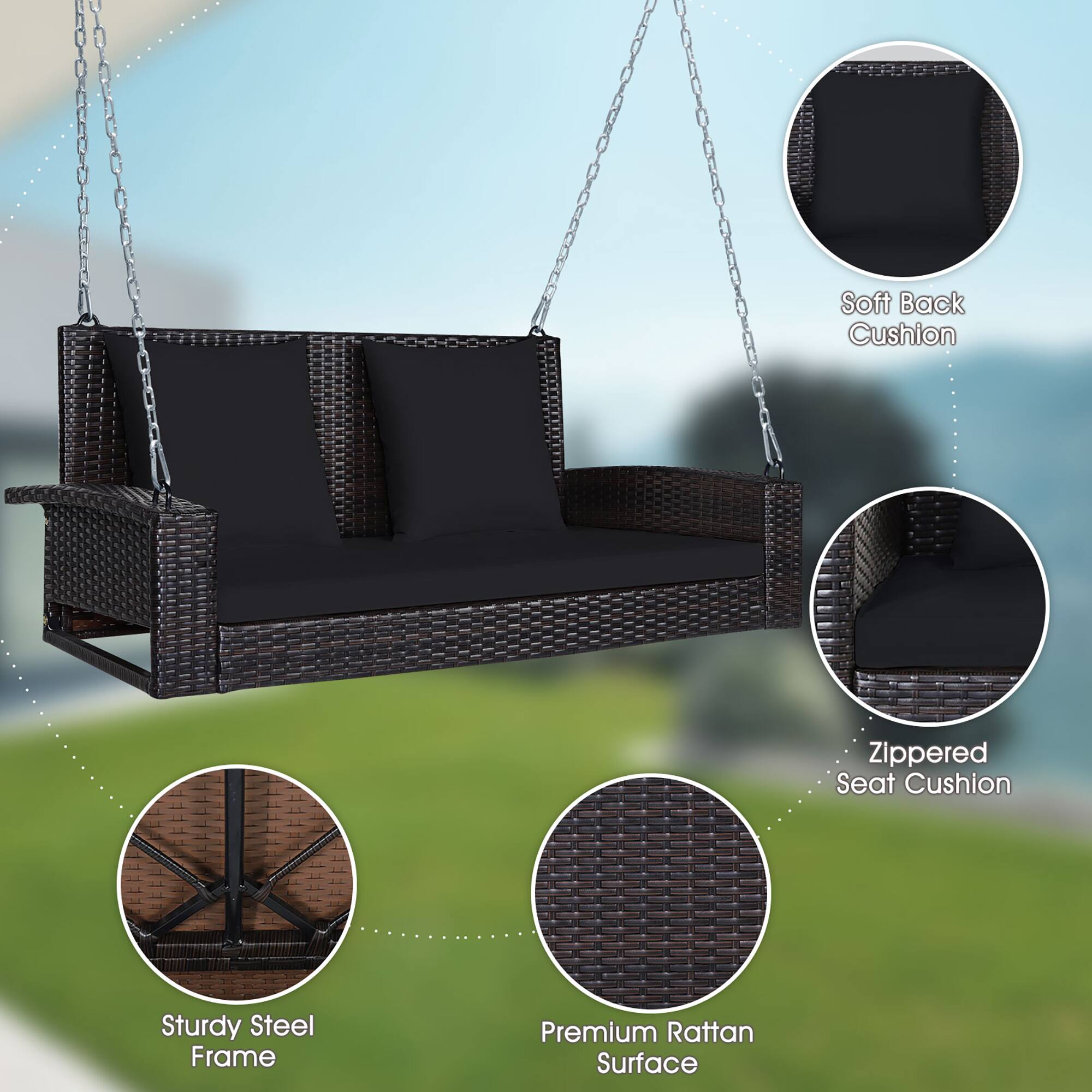 - Soft Back Cushion
- Zippered Seat Cushion
- Sturdy Steel Frame
- Premium Rattan Surface