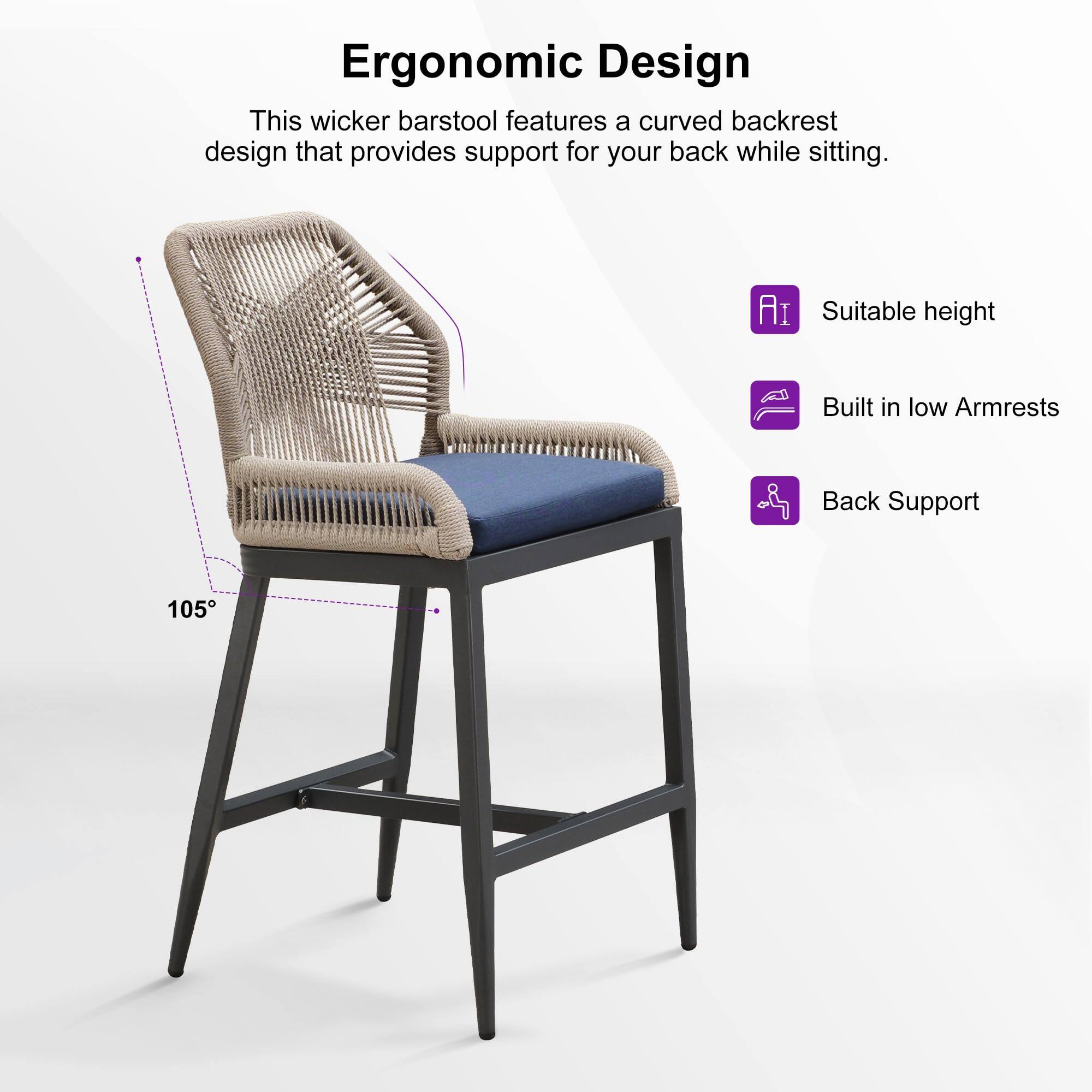 Ergonomic Design

This wicker barstool features a curved backrest design that provides support for your back while sitting.

- Suitable height
- Built in low Armrests
- Back Support

105°