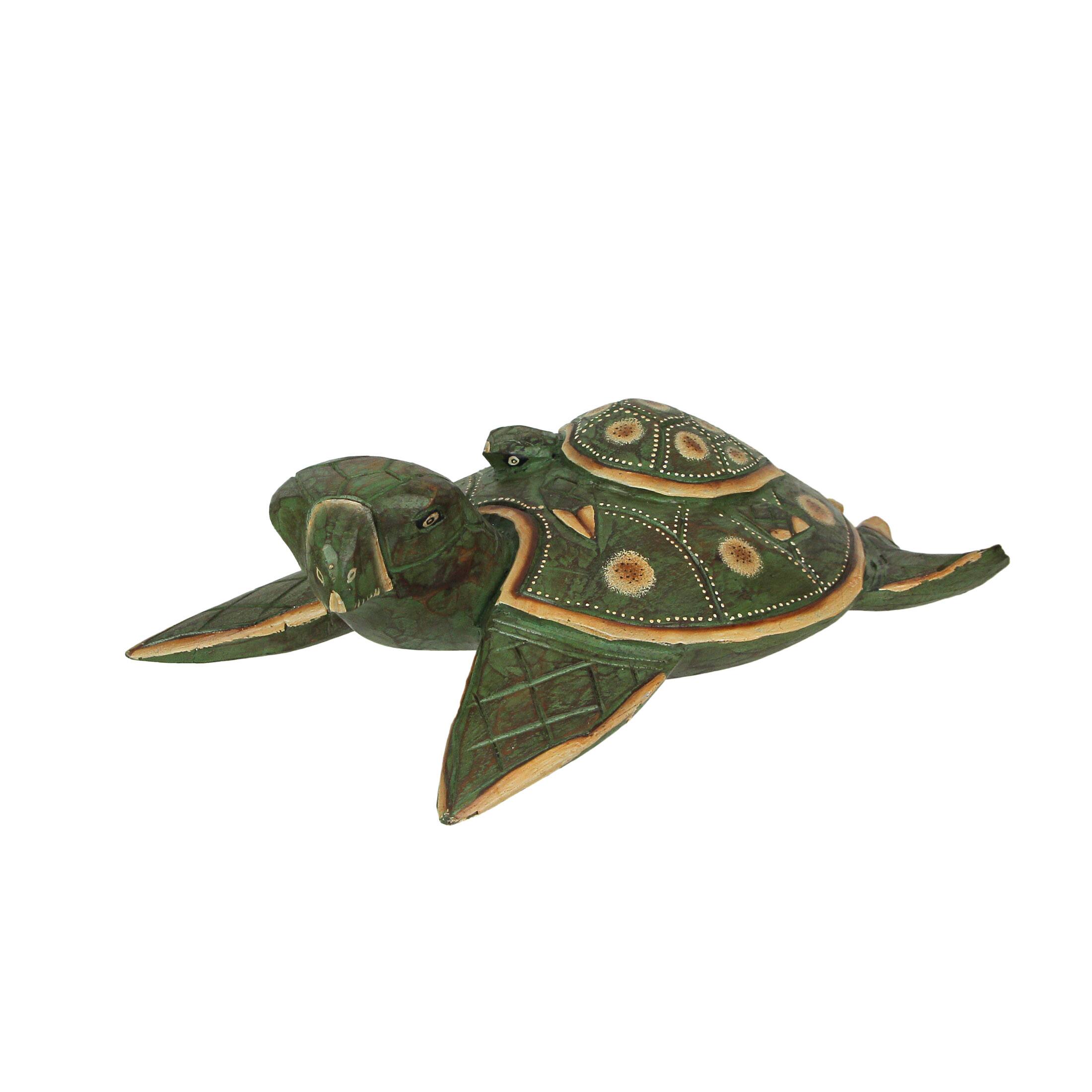 Front. Things2Die4 - Green Finish Mother And Baby Turtle Hand Carved Wood Sculpture Home Decor Statue 15.5 Inches Long - Green.