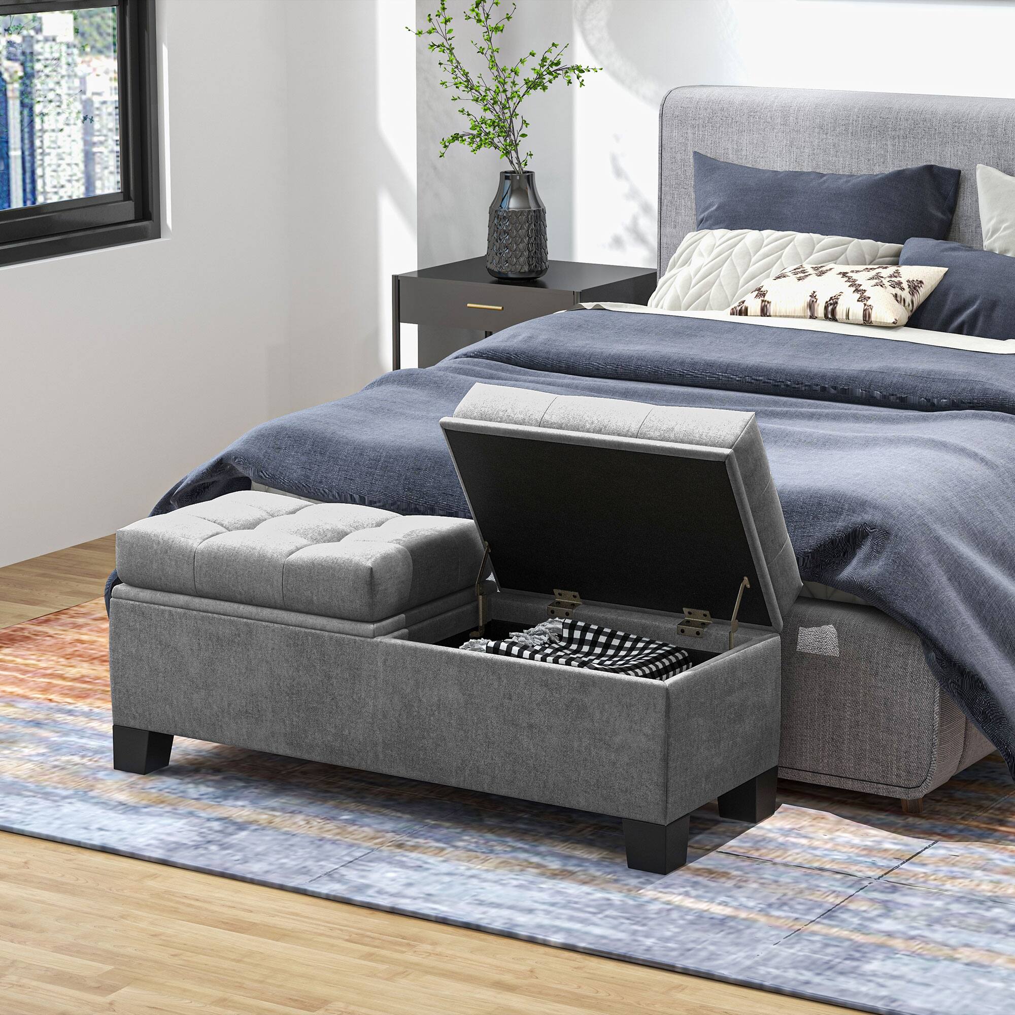 Alt View 8. Homcom - HOMCOM Storage Ottoman Bench: Button-Tufted Steel Frame Safety Hinges for Entryway Bedroom Gray - Off White.