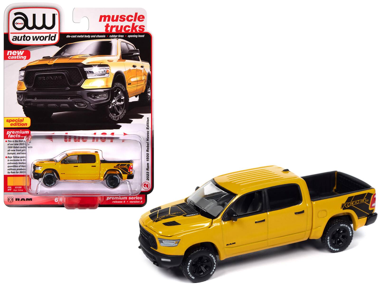 Sure, here is the corrected and grouped text from the image:

---

**auto world**

**muscle trucks**

- die-cast metal body and chassis
- rubber tires
- opening hood

**new casting**

**special edition premium facts...**

- This is the first 1:18 scale die-cast model of the 2023 Ram 1500 Rebel
- All-new front grille, bumper, and hood
- Baja Yellow paint
- Extremely limited quantities of Havoc Edition by Ram for 2023

**2023 Ram 1500 Havoc Edition**

**premium series**
- version A

**release 4**

**RAM**

**REBEL**

---

This text is organized to reflect the information presented on the packaging and the toy itself.