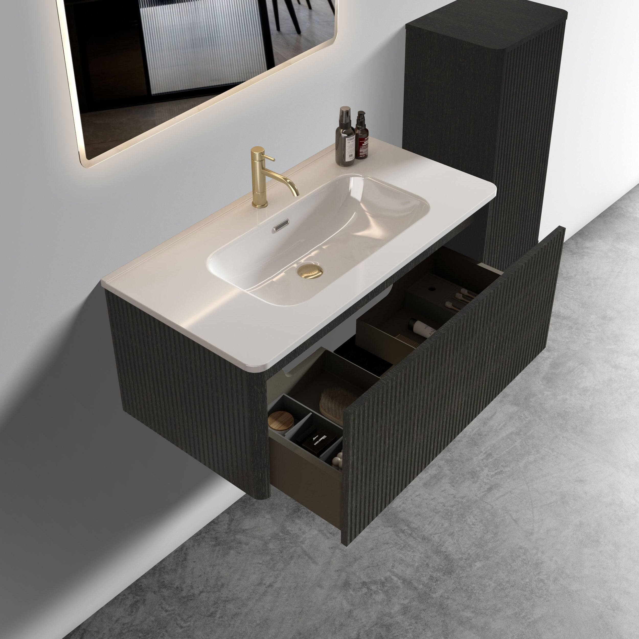 Alt View 2. Boyel Living - 36 Inch Striped Brushed Black Oak Floating Bathroom Vanity with White Ceramic Sink, Modern Style, Pre-Assembled - Black.