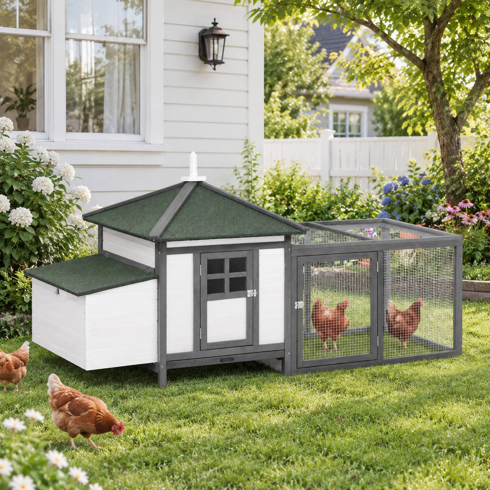 Back. RYHNUYNE - 77 in Wooden Chicken Coop, Fir Wood Hen House, Nesting Box, Removable Tray, Ramp Run, Gray.