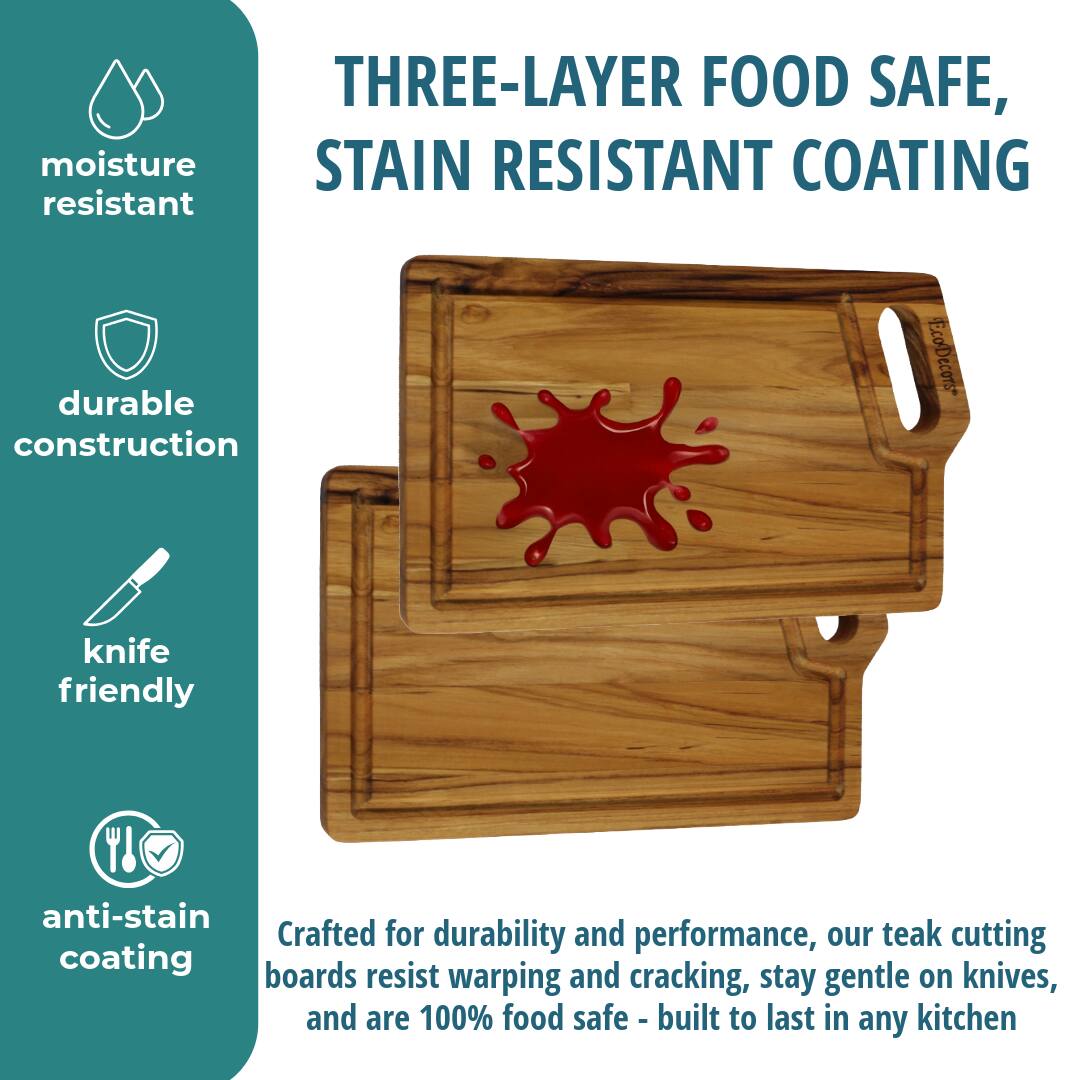 THREE-LAYER FOOD SAFE, STAIN RESISTANT COATING

moisture resistant

durable construction

knife friendly

anti-stain coating

Crafted for durability and performance, our teak cutting boards resist warping and cracking, stay gentle on knives, and are 100% food safe - built to last in any kitchen