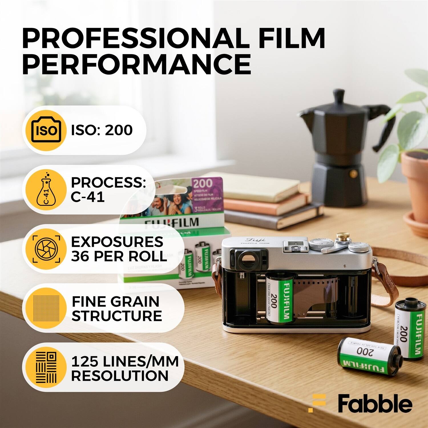 PROFESSIONAL FILM PERFORMANCE  
ISO: 200  
PROCESS: C-41  
EXPOSURES 36 PER ROLL  
FINE GRAIN STRUCTURE  
125 LINES/MM RESOLUTION  

Fujifilm  
Fabble
