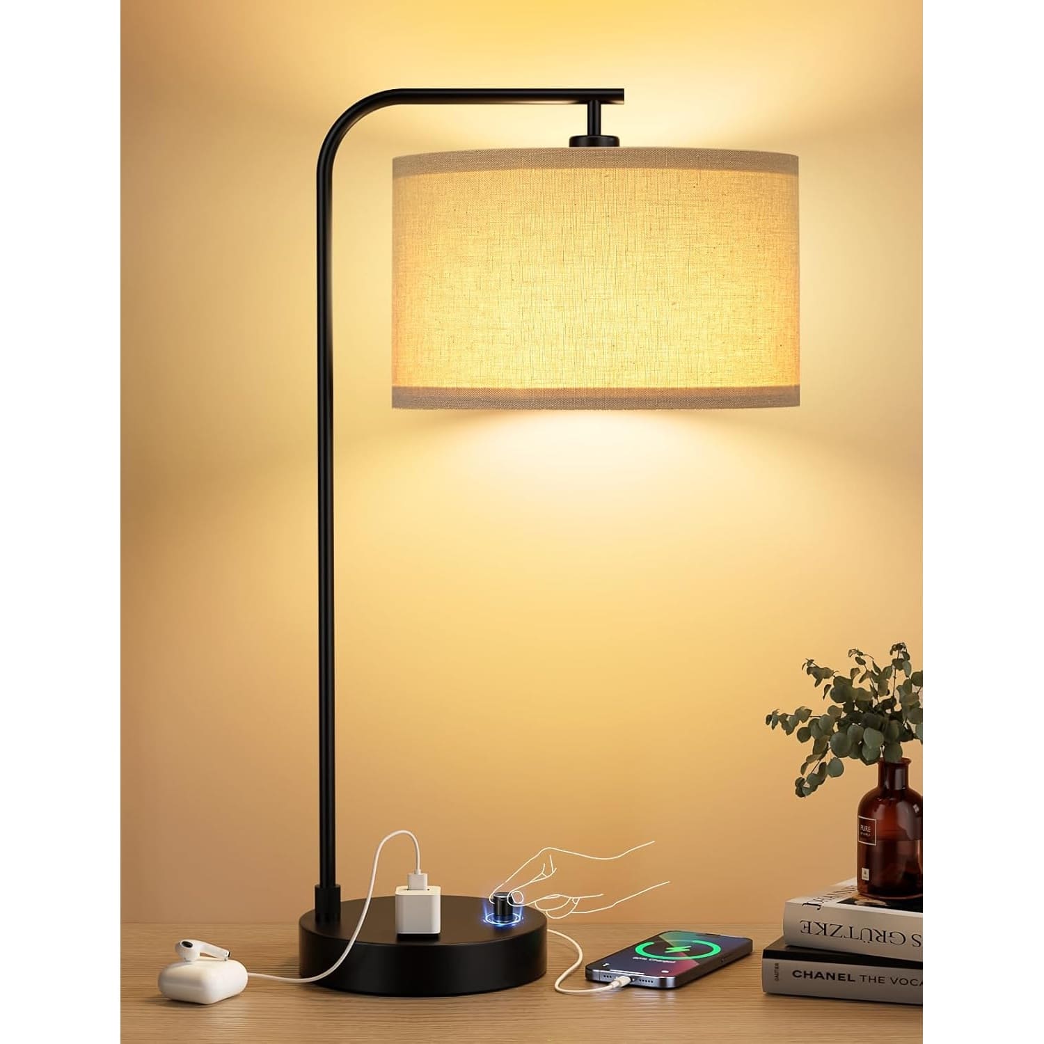 Dazzed Corner - Tall Table Lamp with USB Port and Outlet, Desk Lamp - Black