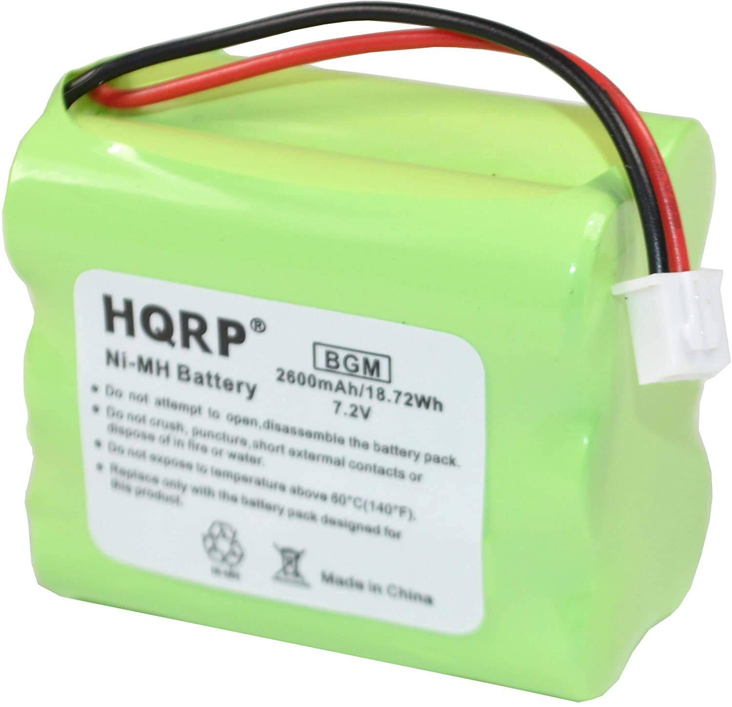 HQRP Ni-MH Battery  
BGM  
2600mAh/18.72Wh  
7.2V  

Do not attempt to open, disassemble the battery pack.  
Do not crush, puncture, short external contacts or dispose of in fire or water.  
Do not expose to temperature above 80°C (140°F).  
Replace only with the battery pack designed for this product.  

Made in China