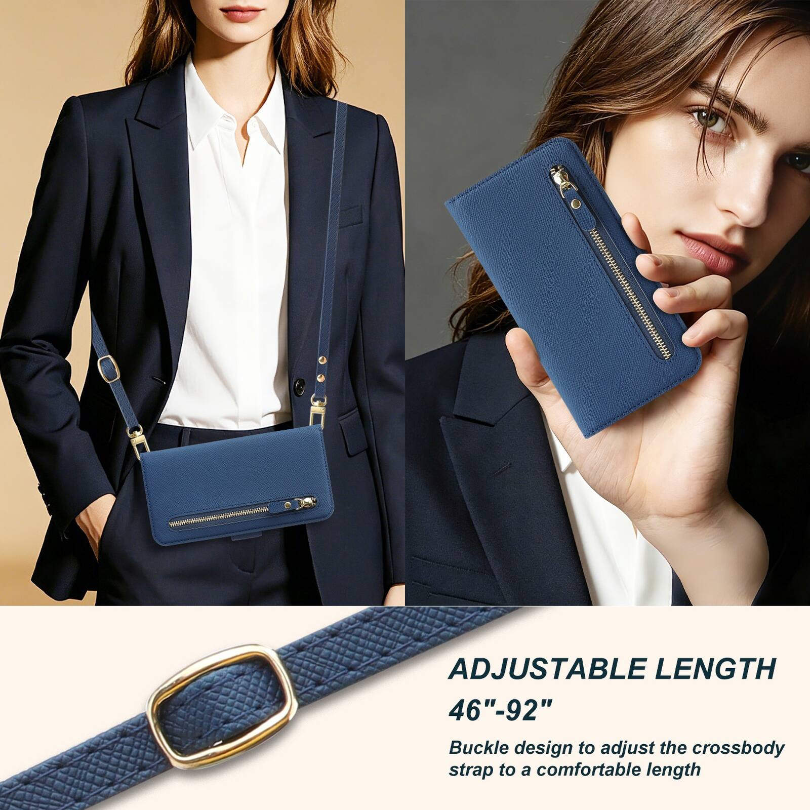 ADJUSTABLE LENGTH 46"-92"  
Buckle design to adjust the crossbody strap to a comfortable length