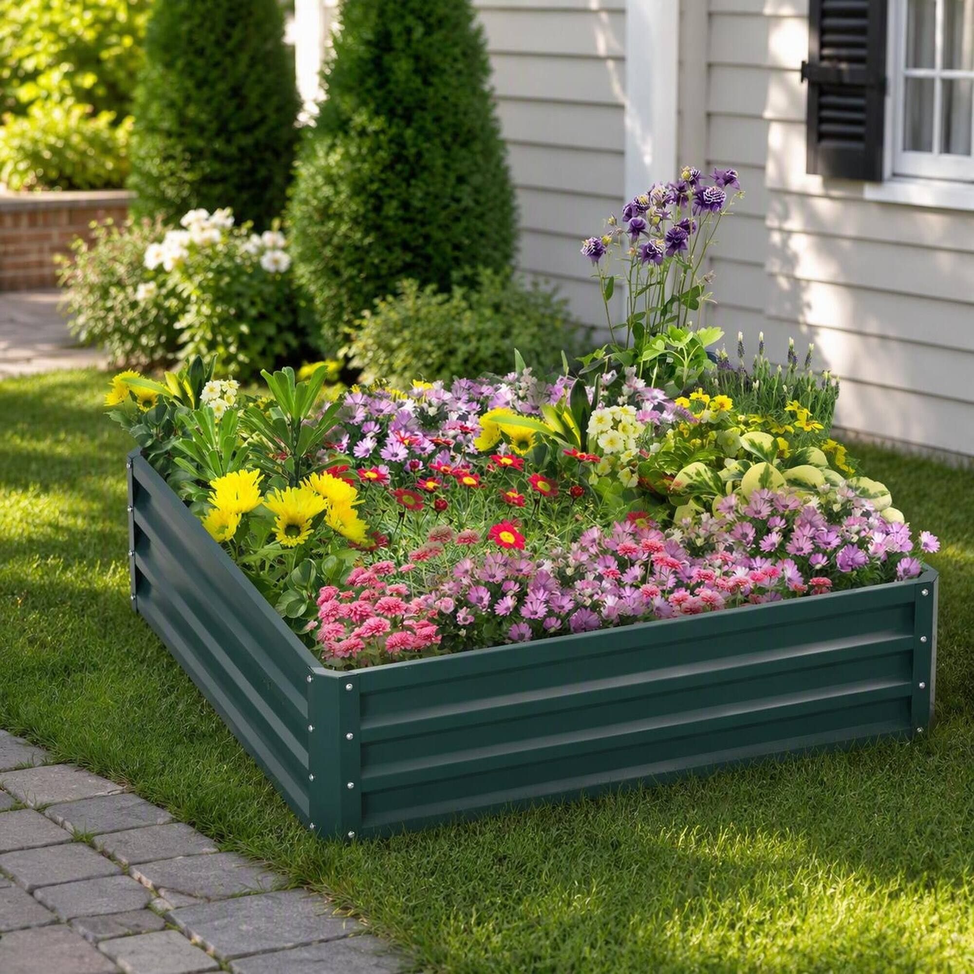Angle. RYHNUYNE - Outsunny Galvanized Steel Raised Garden Bed, 4x4x1 Foot Metal Planter Box for Vegetables, Flowers, Herbs - Green.