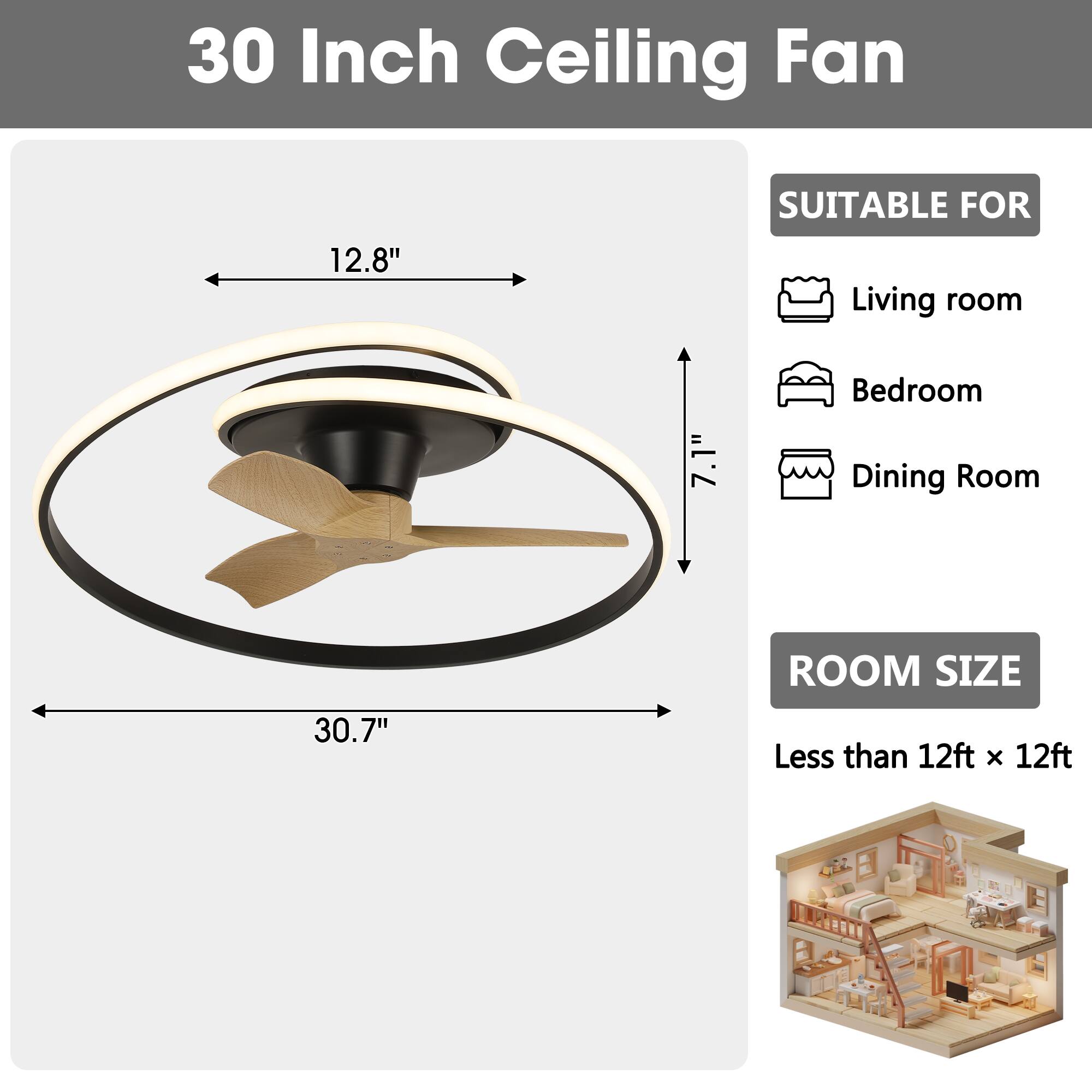 30 Inch Ceiling Fan

12.8" SUITABLE FOR Living room Bedroom Dining Room

30.7" ROOM SIZE Less than 12ft x 12ft