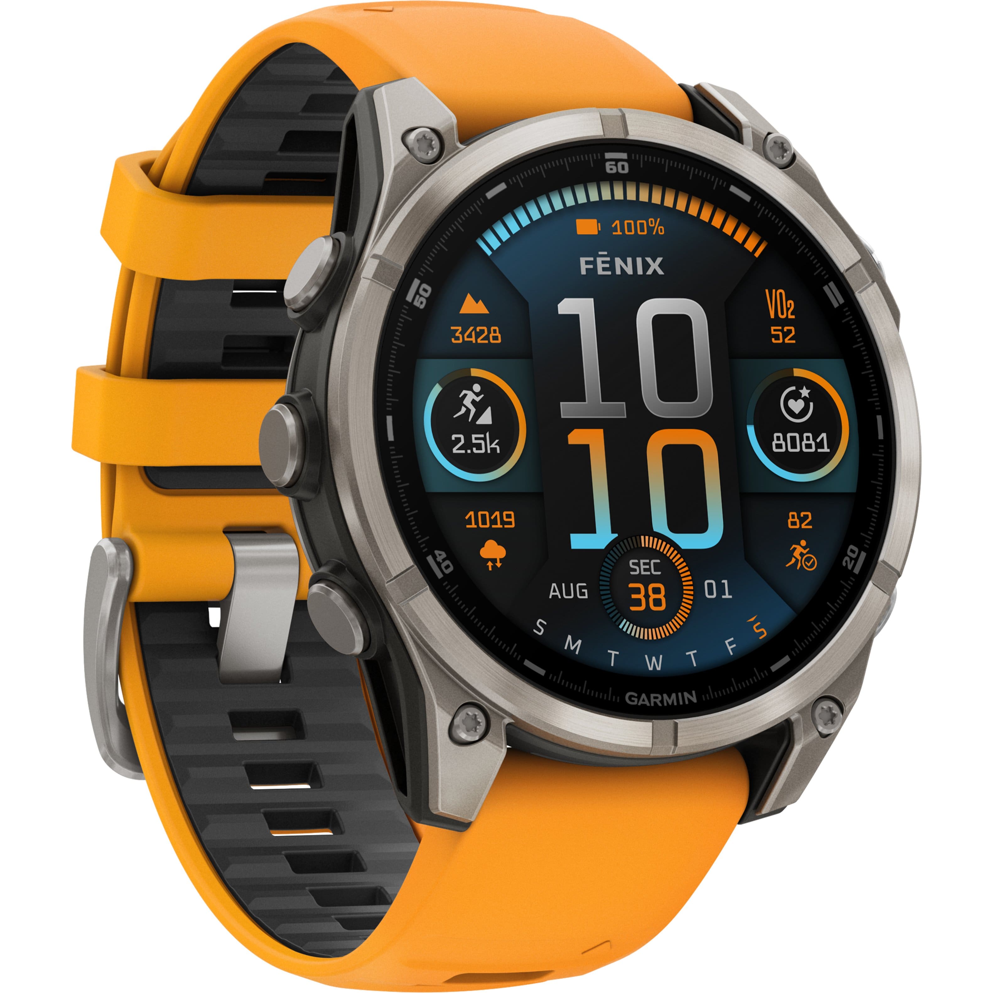 The text on the image reads:
"Fenix 50 VO2 3428 52 10 2.5k 8081 1019 10 82 40 SEC 20 AUG 38 01 S s SMTWTFE M T W T uhomhonh GARMIN alamhula."
This text appears to be a combination of various data points, such as the watch's brand, model, and specifications. It is not possible to group or correct the text without more context or information about the watch's features and functions.