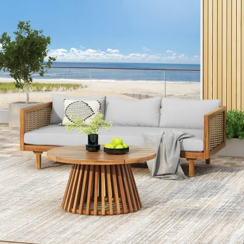 Siljoy - Weather-Resistant Wicker Patio Conversation Set, Outdoor Rattan Sectional w/ Thick Light Gray Cushions - LIGHT GREY,Teak
