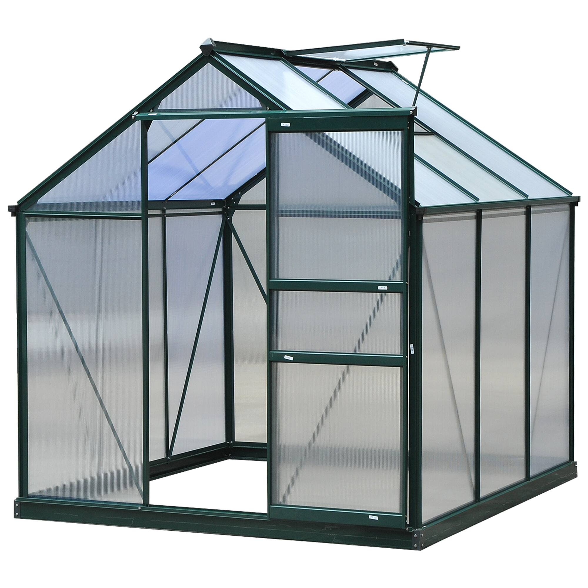 Front. Outsunny - 6' x 6' Greenhouse for Outdoors, Polycarbonate Greenhouse with Rain Gutter and Roof Vent, Aluminum Walk-in Green House.