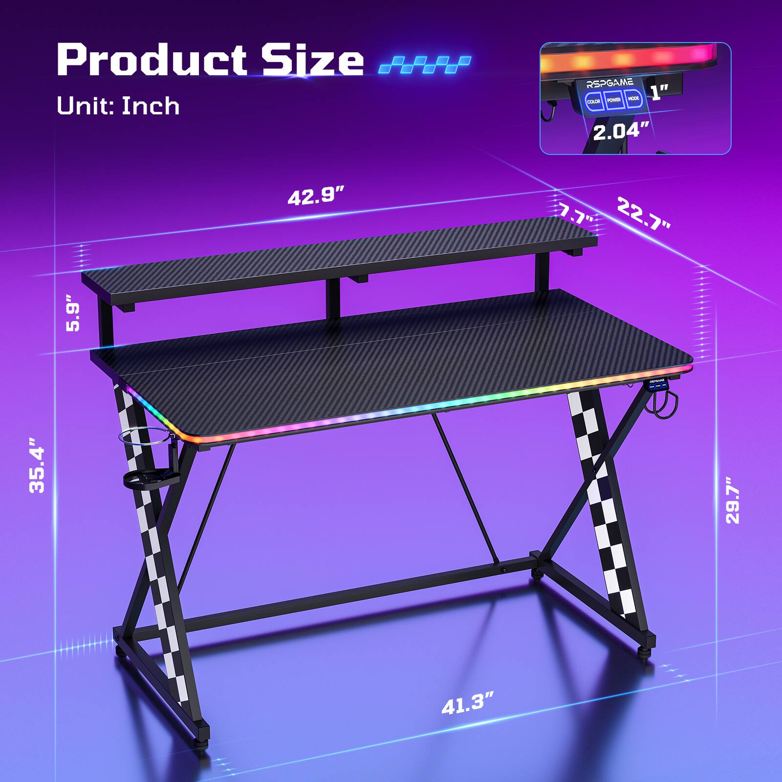 Product Size  
Unit: Inch  

- Length: 42.9"  
- Width: 22.7"  
- Height: 5.9"  
- Depth: 35.4"  
- Overall Height: 29.7"  
- Overall Width: 41.3"  

Monitor Size: 2.04"