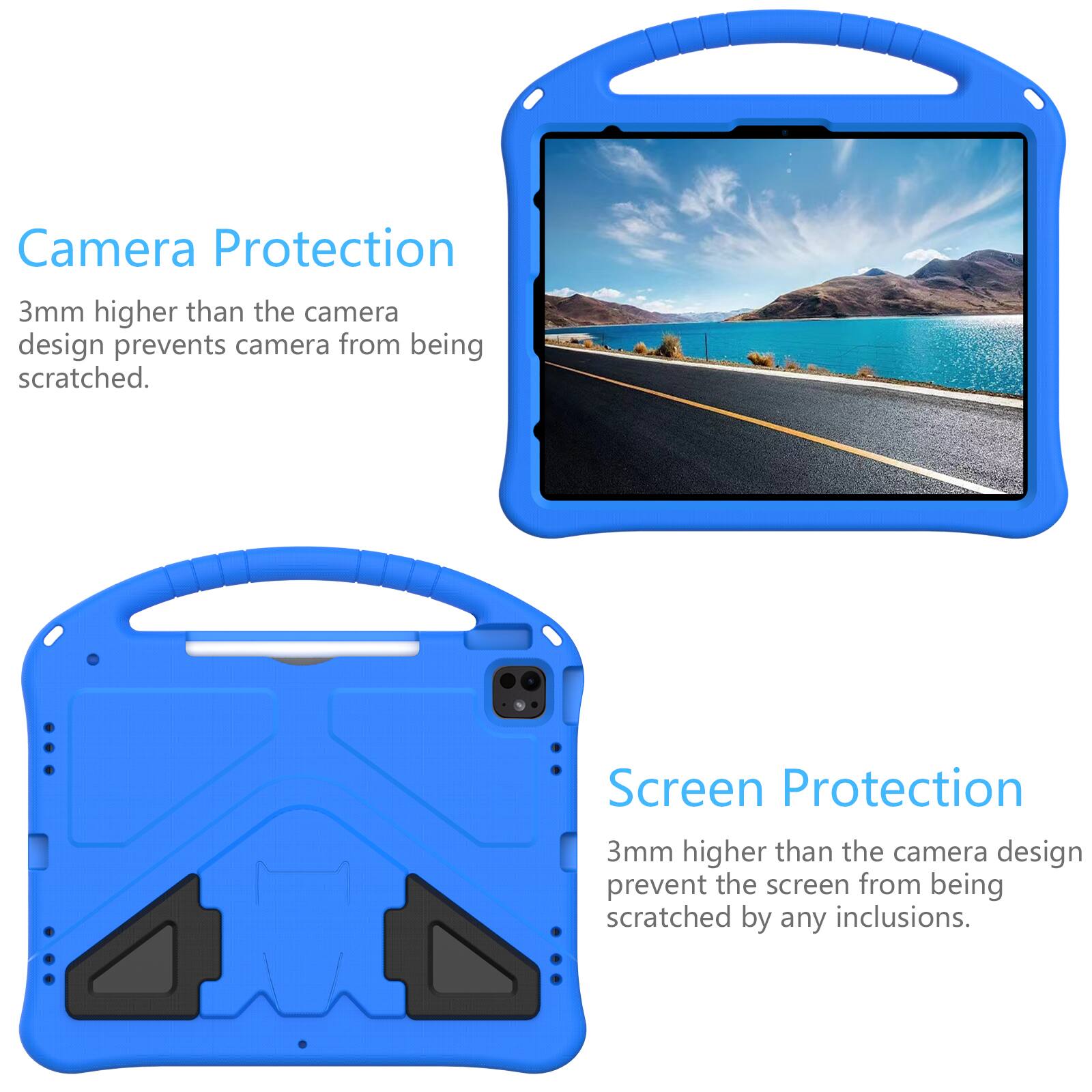 Camera Protection  
3mm higher than the camera design prevents camera from being scratched.  

Screen Protection  
3mm higher than the camera design prevent the screen from being scratched by any inclusions.