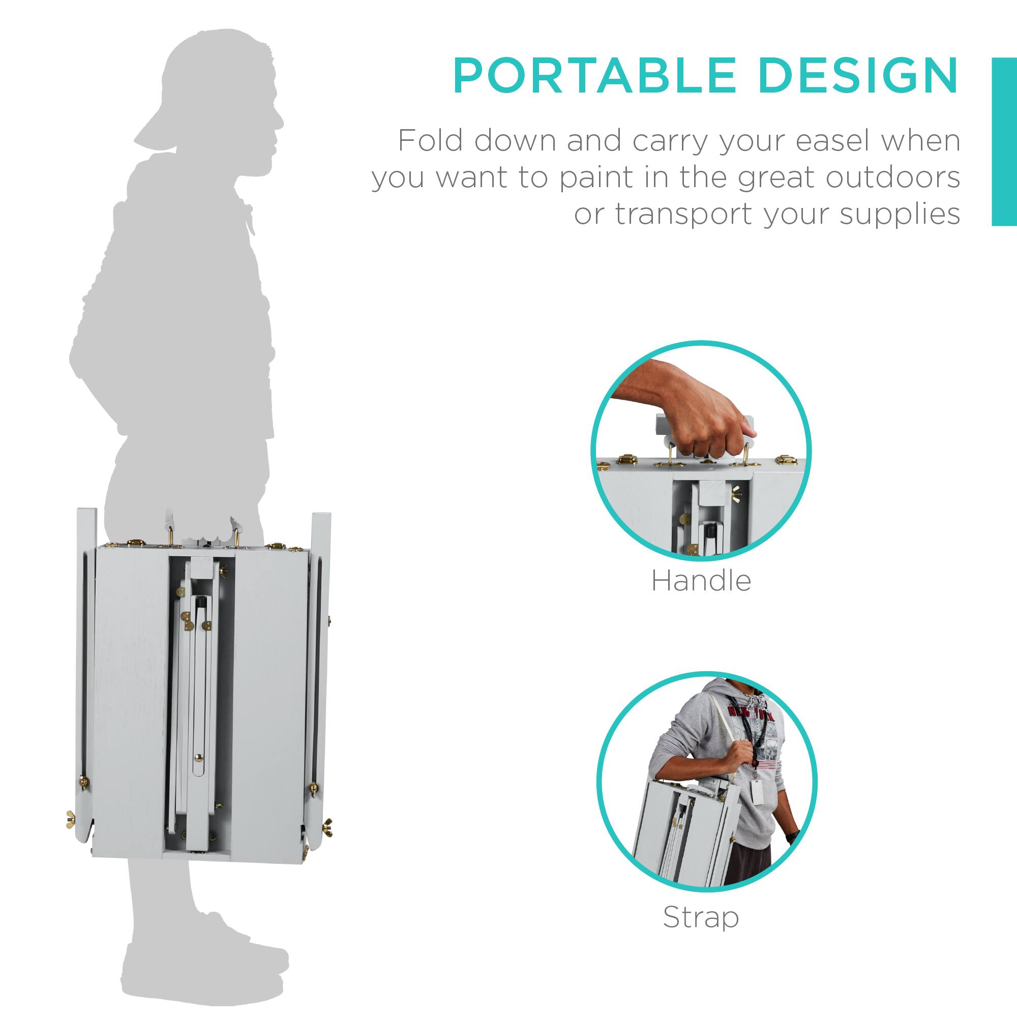 PORTABLE DESIGN

Fold down and carry your easel when you want to paint in the great outdoors or transport your supplies

Handle

Strap