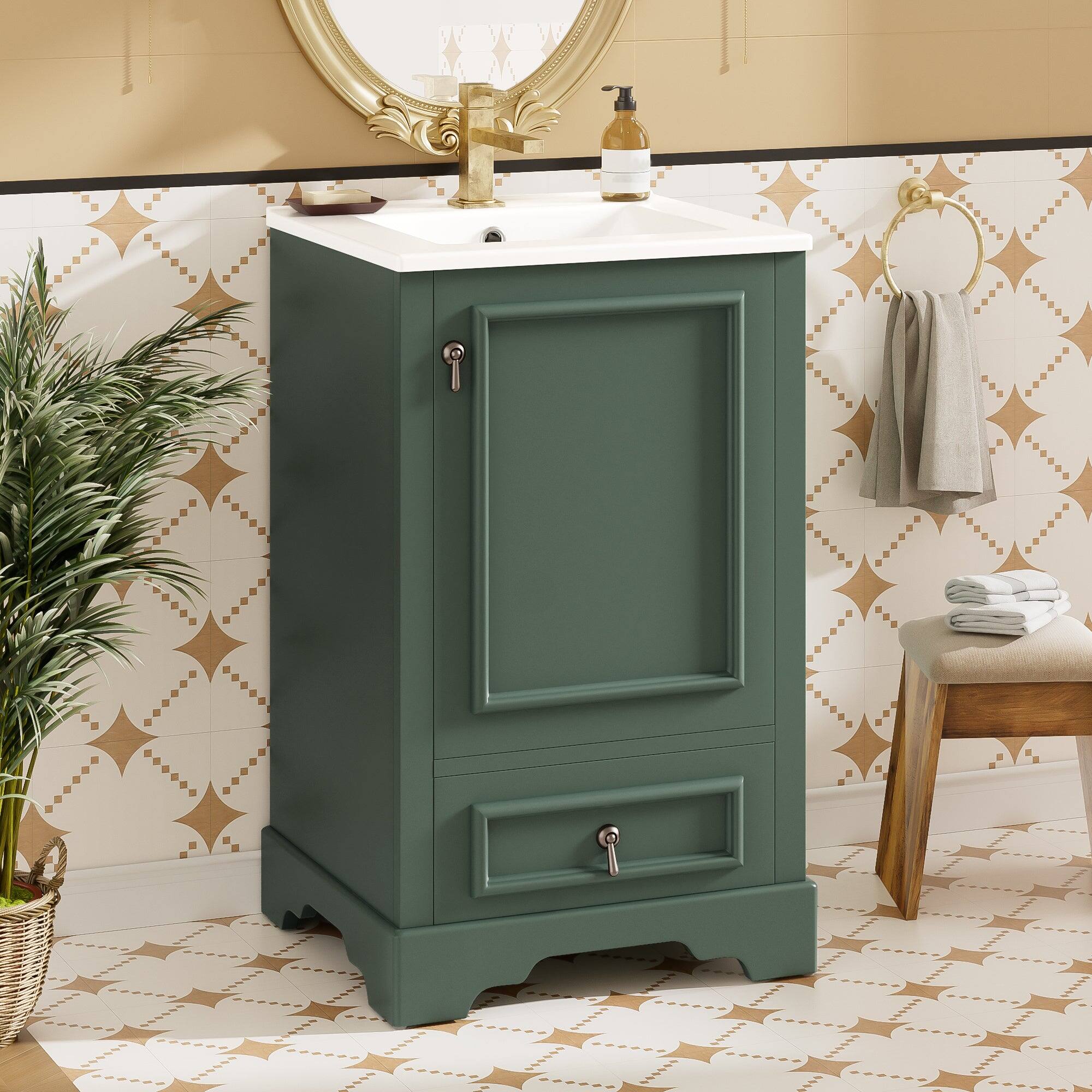 Alt View 4. Boyel Living - 20 Inch Green Bathroom Vanity with Ceramic Sink, Adjustable Shelf, Compartment Drawer, Door Storage Rack - Green.