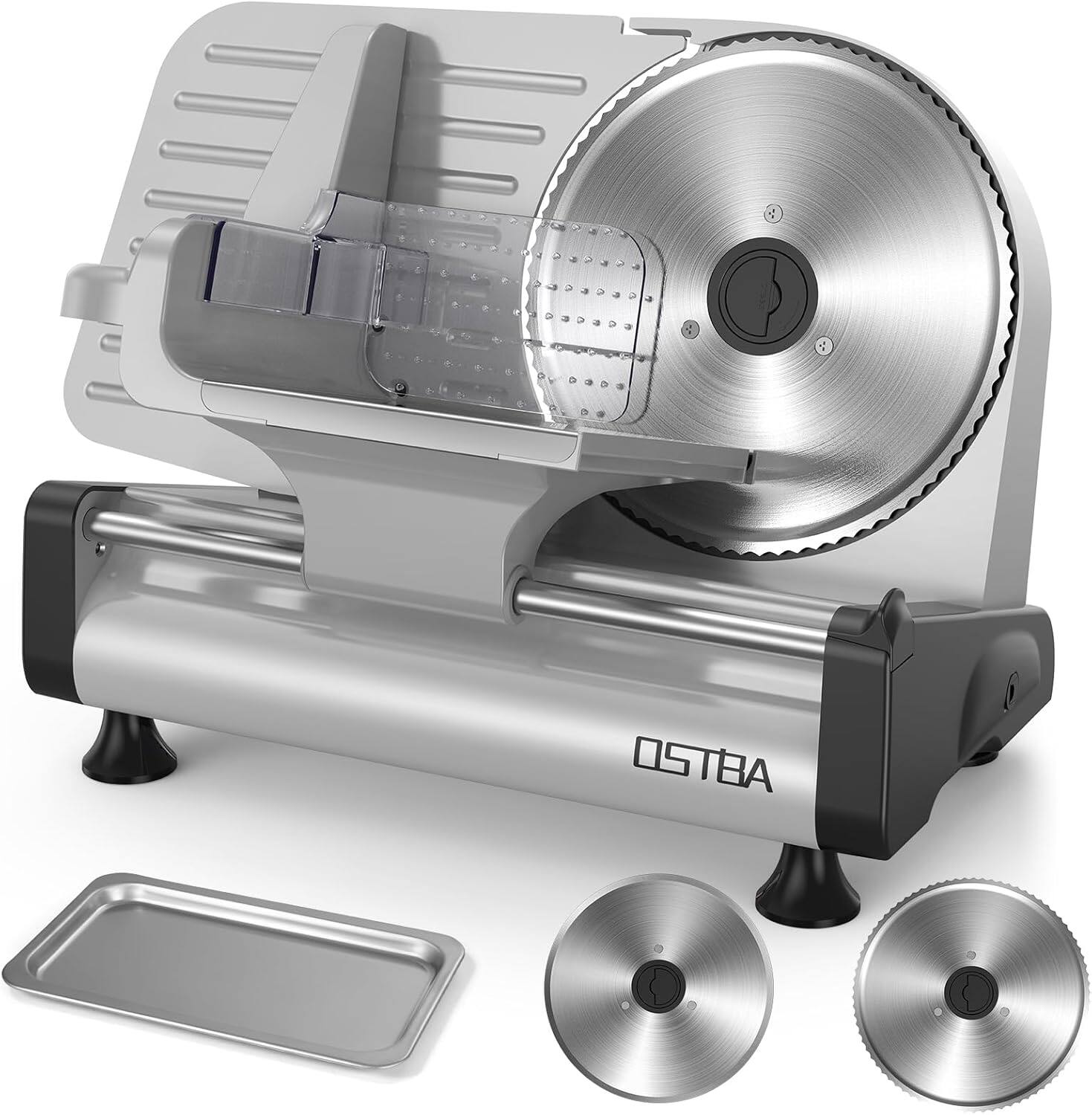 Front. OSTBA - Electric Meat Slicer with 200W DC Motor, 2 Removable 8.7” Stainless Steel Blades, Adjustable Thickness 0–15mm.
