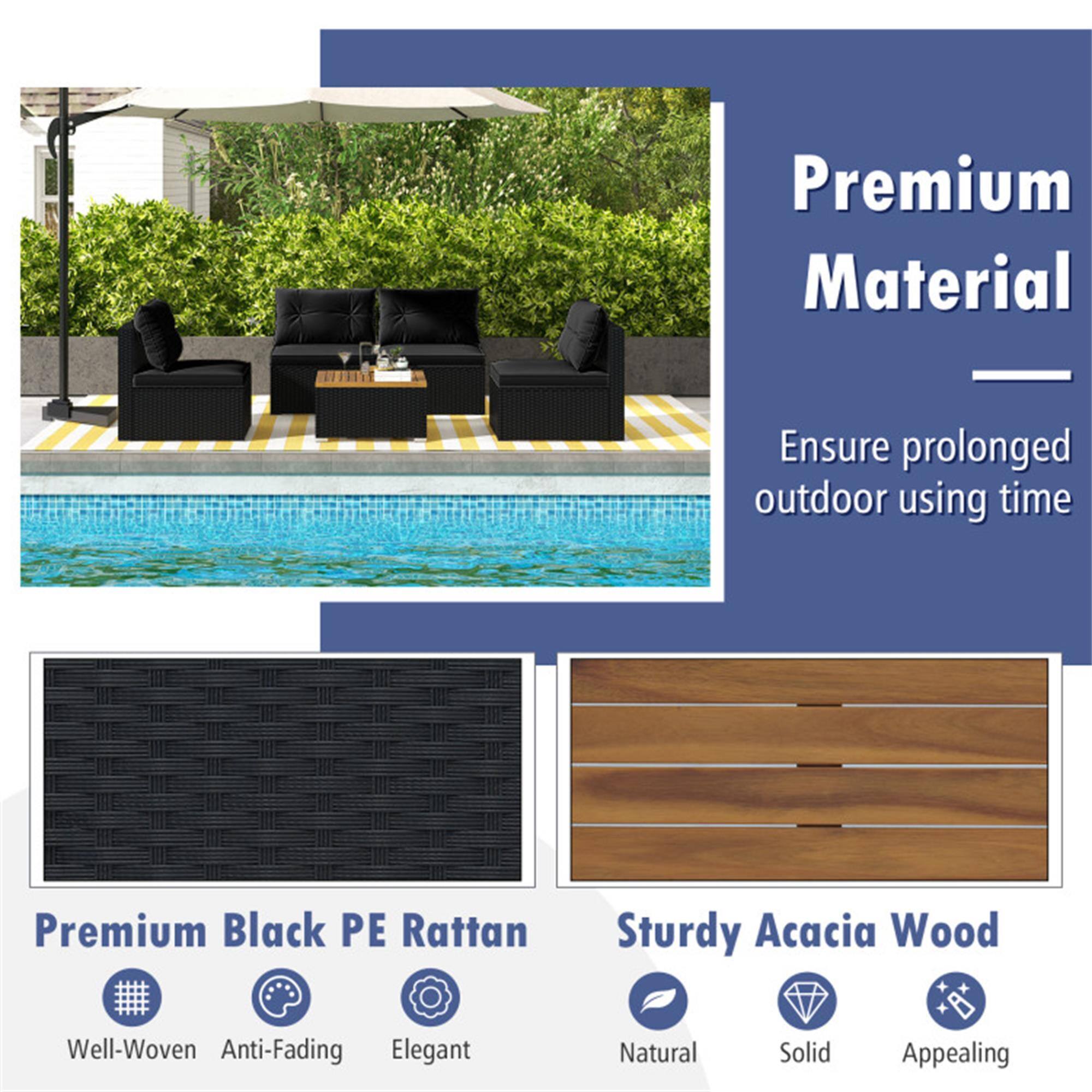 Premium Material  
Ensure prolonged outdoor using time

Premium Black PE Rattan  
- Well-Woven  
- Anti-Fading  
- Elegant  

Sturdy Acacia Wood  
- Natural  
- Solid  
- Appealing