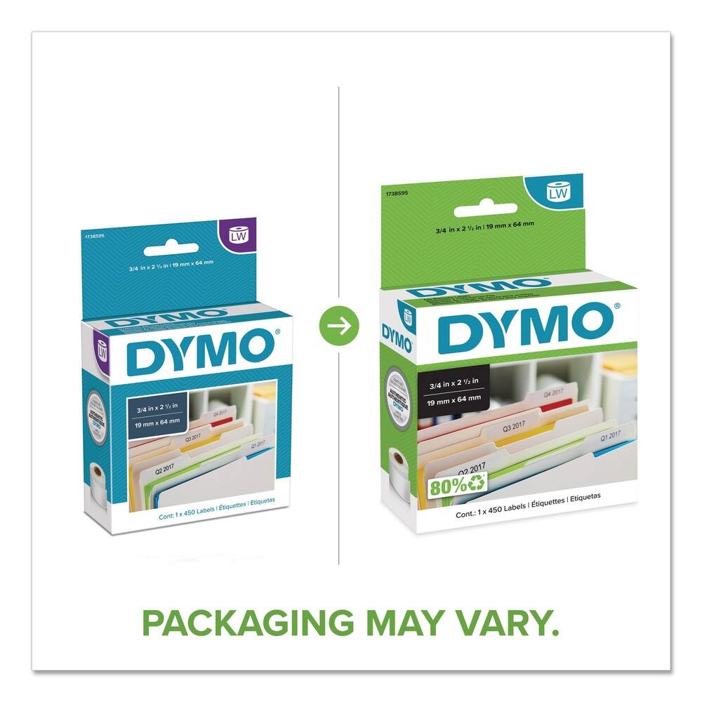 173859 LW  
17850 LW  
3/4 in x 2/5 in | 19 mm x 64 mm  
DYMO  
Q2 2017  
Cont. x 450 Labels | Étiquettes | Etiquetas  
80%  
PACKAGING MAY VARY.