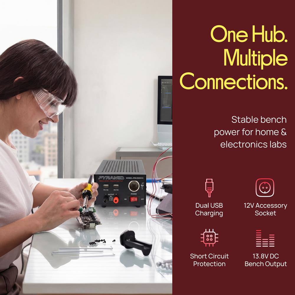 One Hub. Multiple Connections.

Stable bench power for home & electronics labs

- Dual USB Charging
- 12V Accessory Socket
- Short Circuit Protection
- 13.8V DC Bench Output