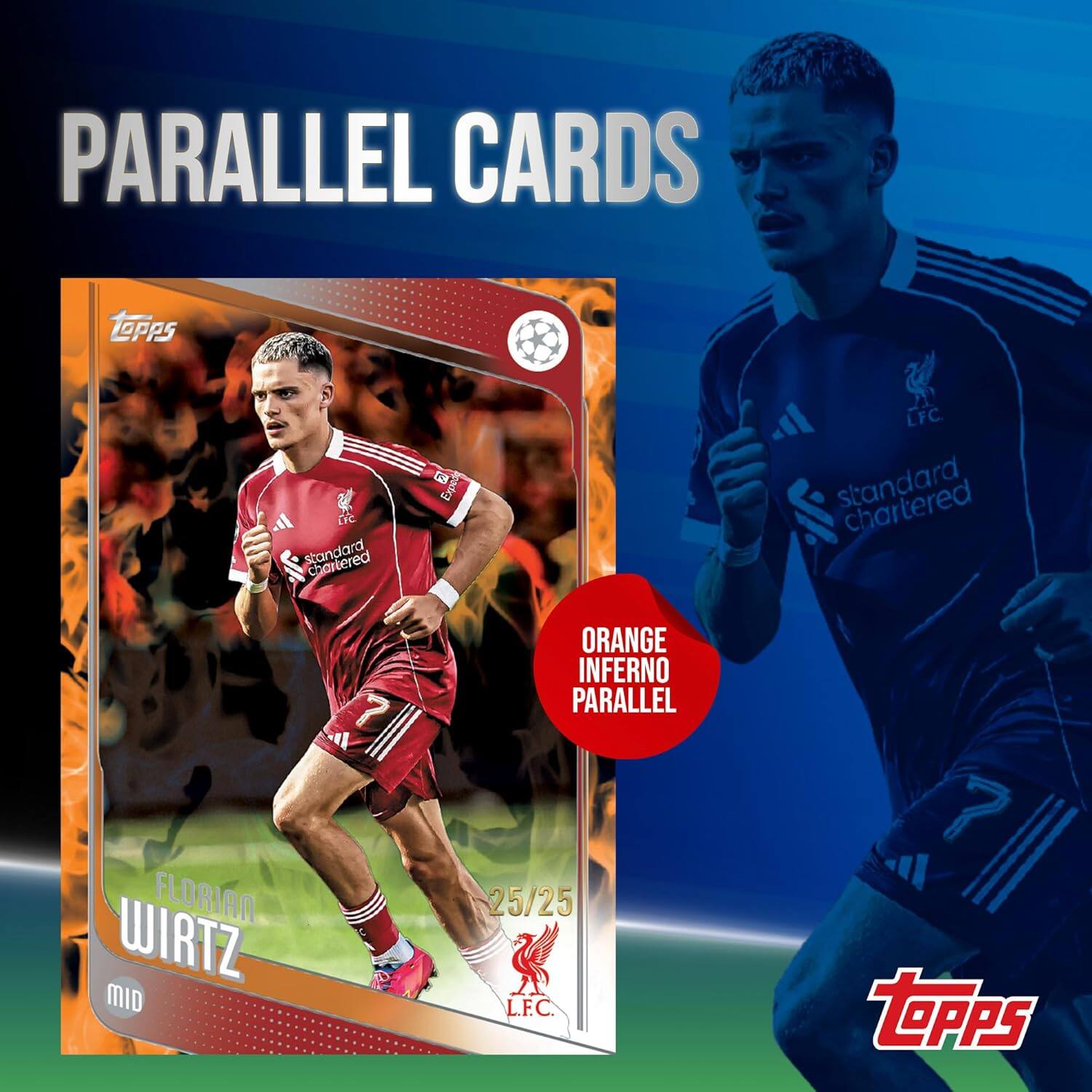 PARALLEL CARDS  
TOPPS D standard  
FLORIAN WIRTZ  
MID  
7  
ORANGE INFERNO PARALLEL  
25/25  
L.F.C.