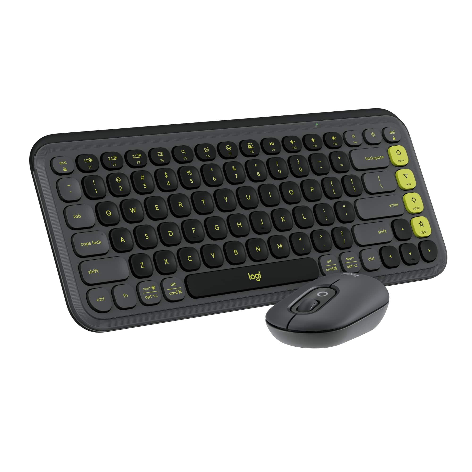 The image features a black keyboard with a mouse sitting on top of it. The keyboard has a green and black color scheme, and it is designed by Logitech. The mouse is located towards the right side of the keyboard. The keyboard also has a touchpad, which is a common feature in modern keyboards.