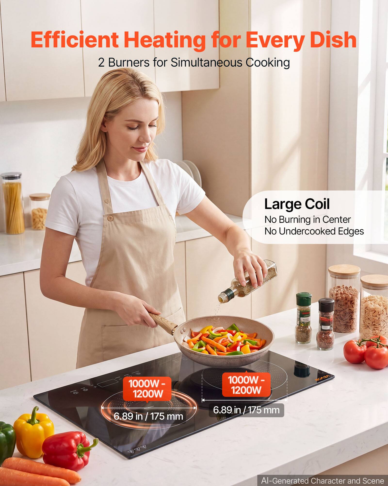 Efficient Heating for Every Dish  
2 Burners for Simultaneous Cooking  

Large Coil  
No Burning in Center  
No Undercooked Edges  

1000W - 1200W  
6.89 in / 175 mm  

1000W - 1200W  
6.89 in / 175 mm  

VVV  
AI-Generated Character and Scene