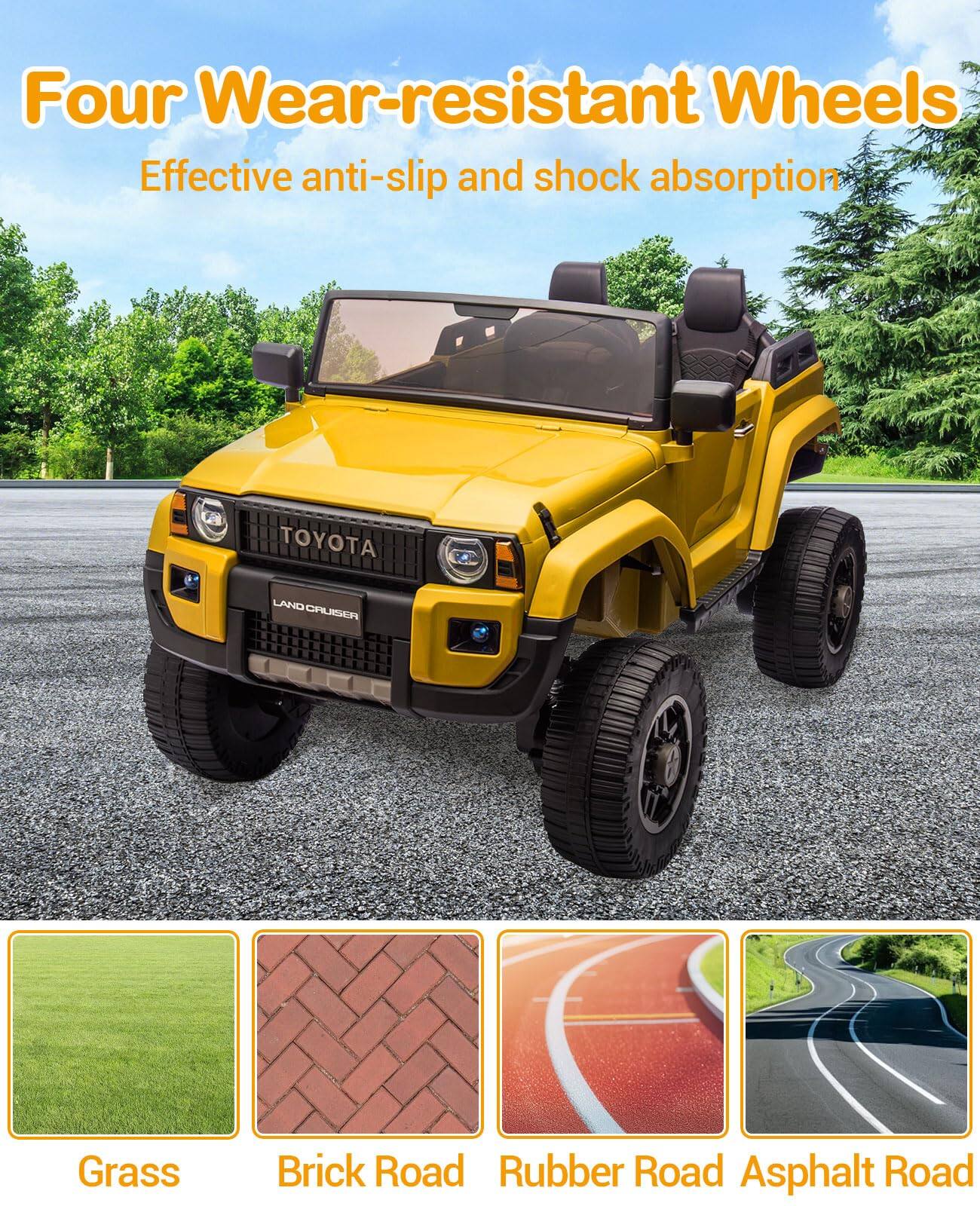 Four Wear-resistant Wheels  
Effective anti-slip and shock absorption  

TOYOTA LAND CRUISER  

Grass  
Brick Road  
Rubber Road  
Asphalt Road