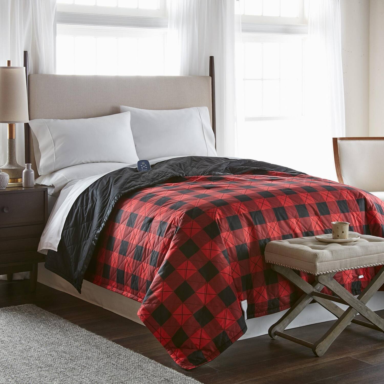 Angle. Shavel Home Products - Shavel 100% Polyester Luxury Micro Flannel 7 Layers of Warmth Buffalo Check Electric Blanket Twin Red - Red.